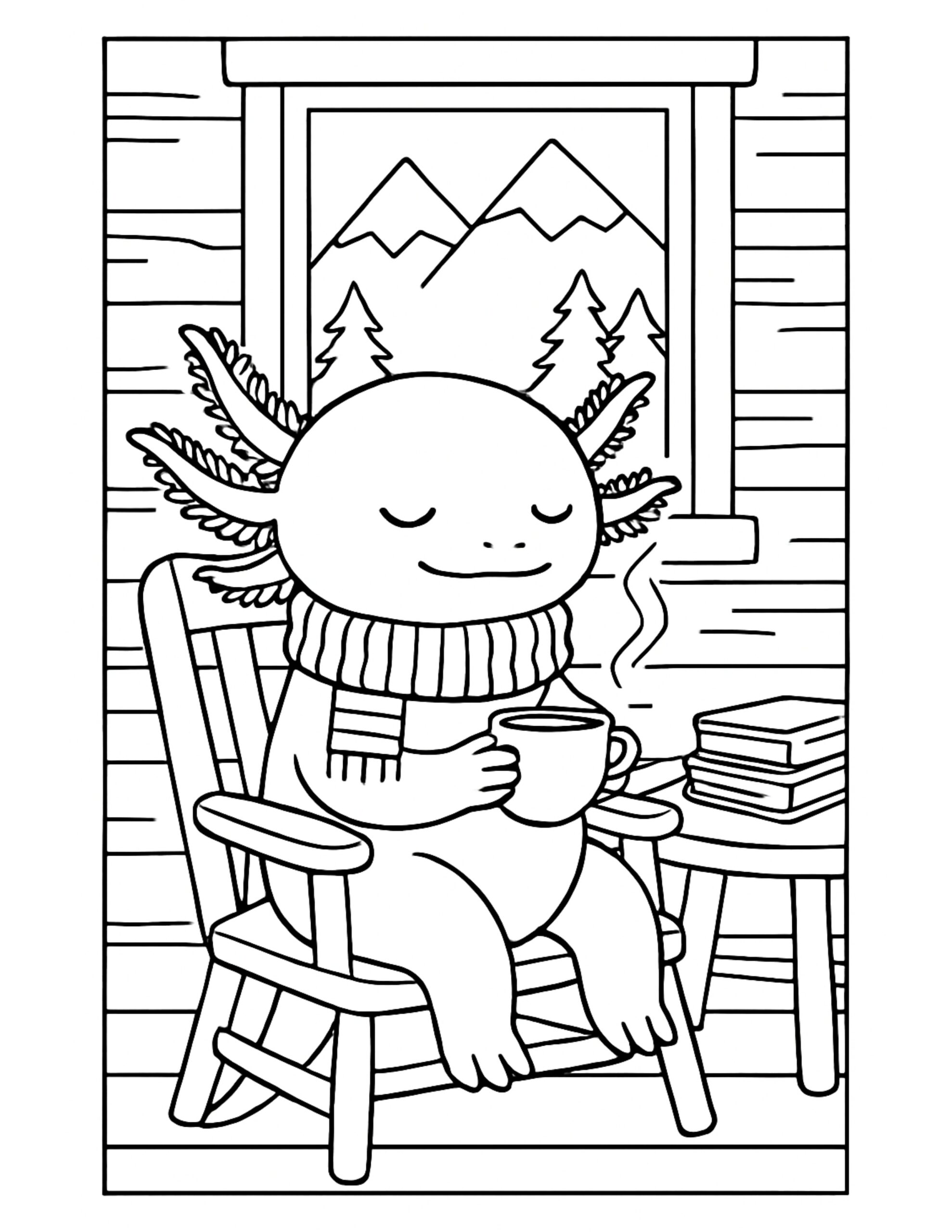 axolotl sipping cocoa in cabin coloring page with a scarfed axolotl in a rocking chair by a window, coloring page