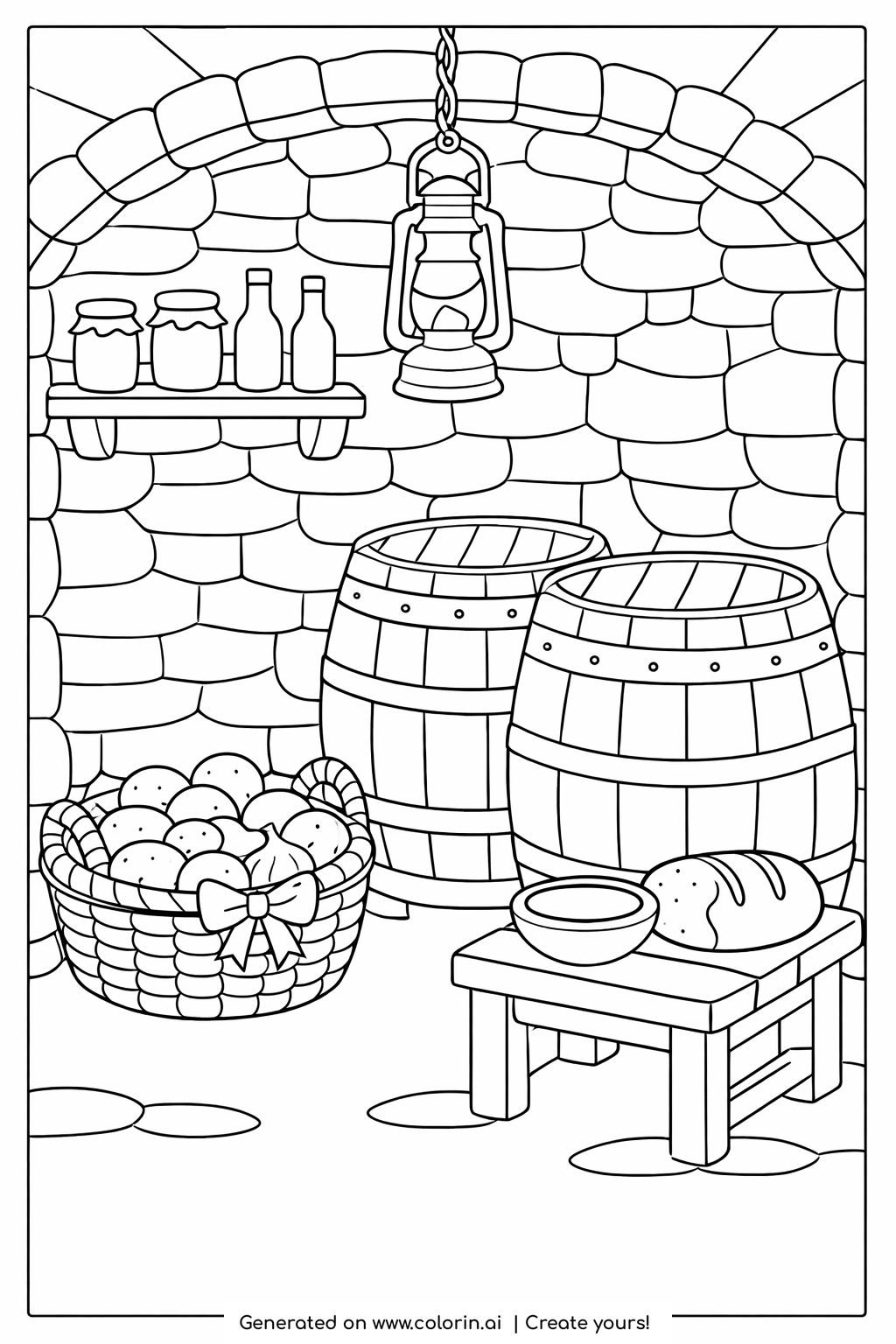 rustic stone cellar with barrels coloring page featuring lantern and food basket coloring page
