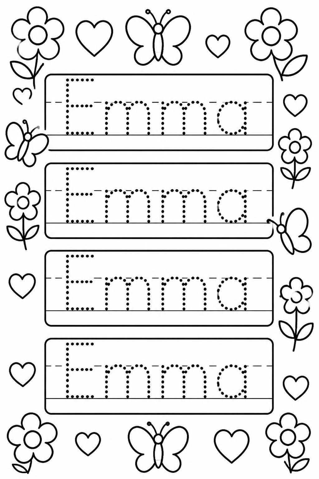 A name tracing worksheet with Emma in dotted letters four times, with flowers, butterflies and hearts