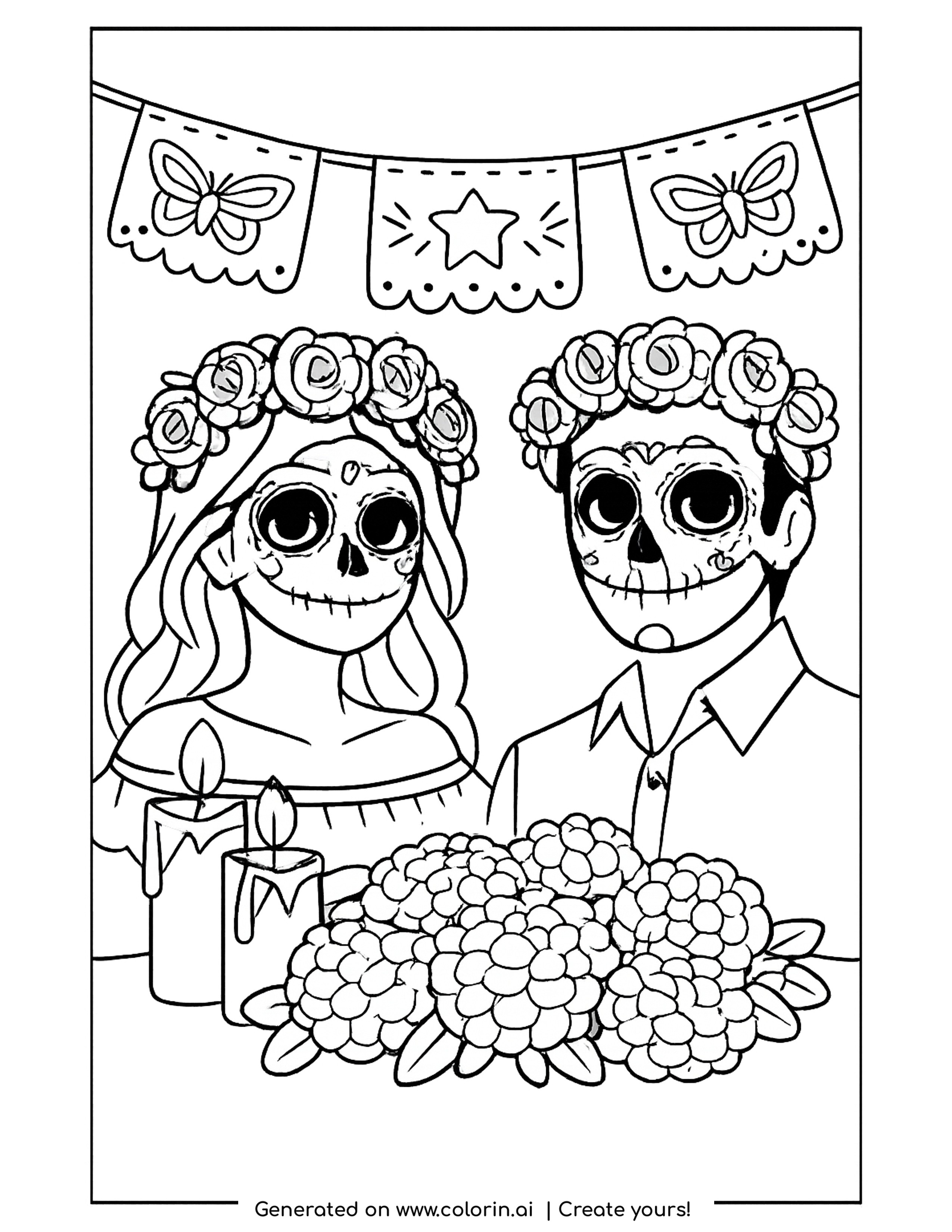 day of the dead coloring pages, two people in calavera face paint with rose crowns, papel picado above and marigolds below