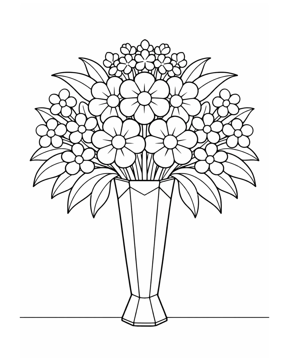 Coloring page of a tall vase with a dense bouquet of petals and veined leaves, intermediate difficulty