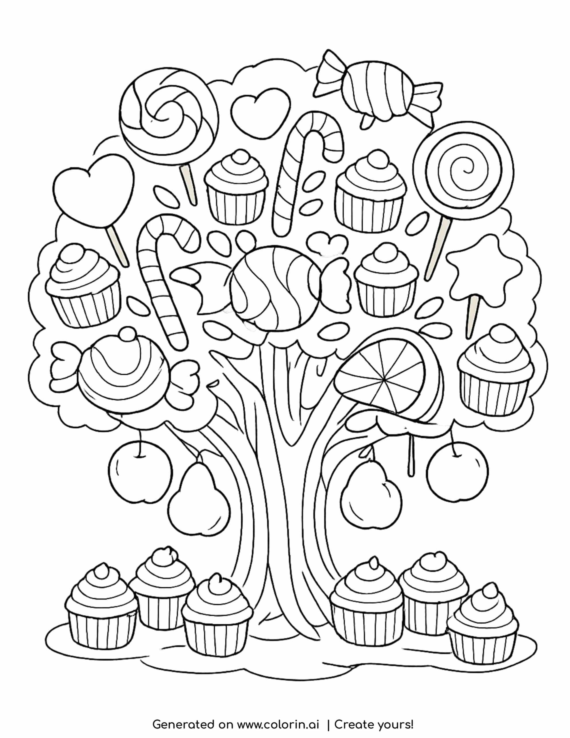 fantasy tree with candies cupcakes and fruits coloring page