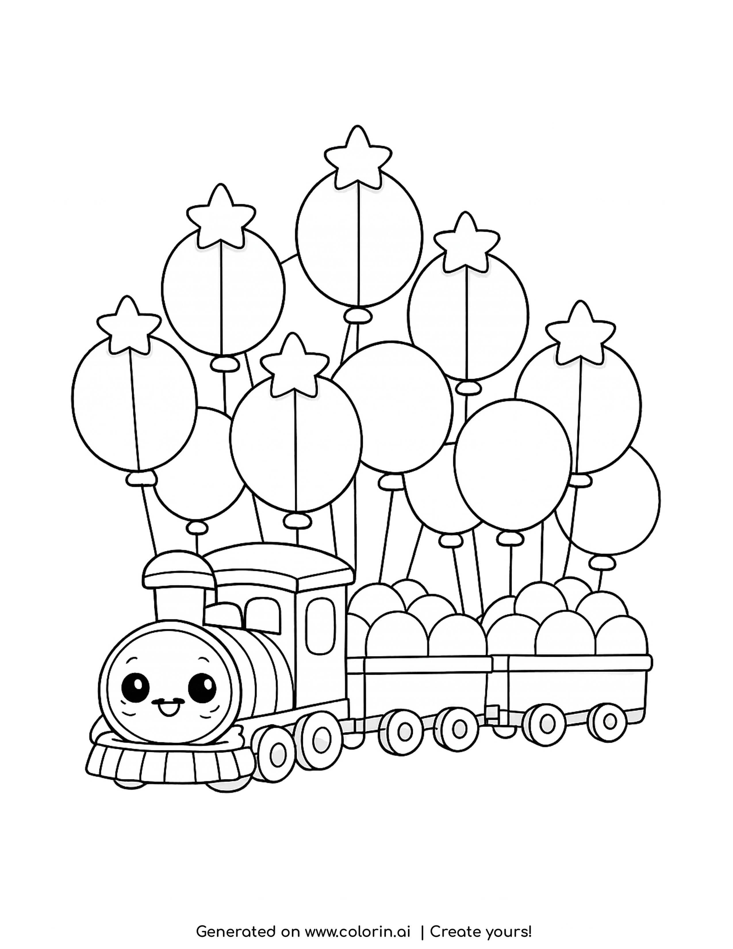 train with balloons coloring pages: a smiling engine pulling two cars of balloons under ten floating balloons