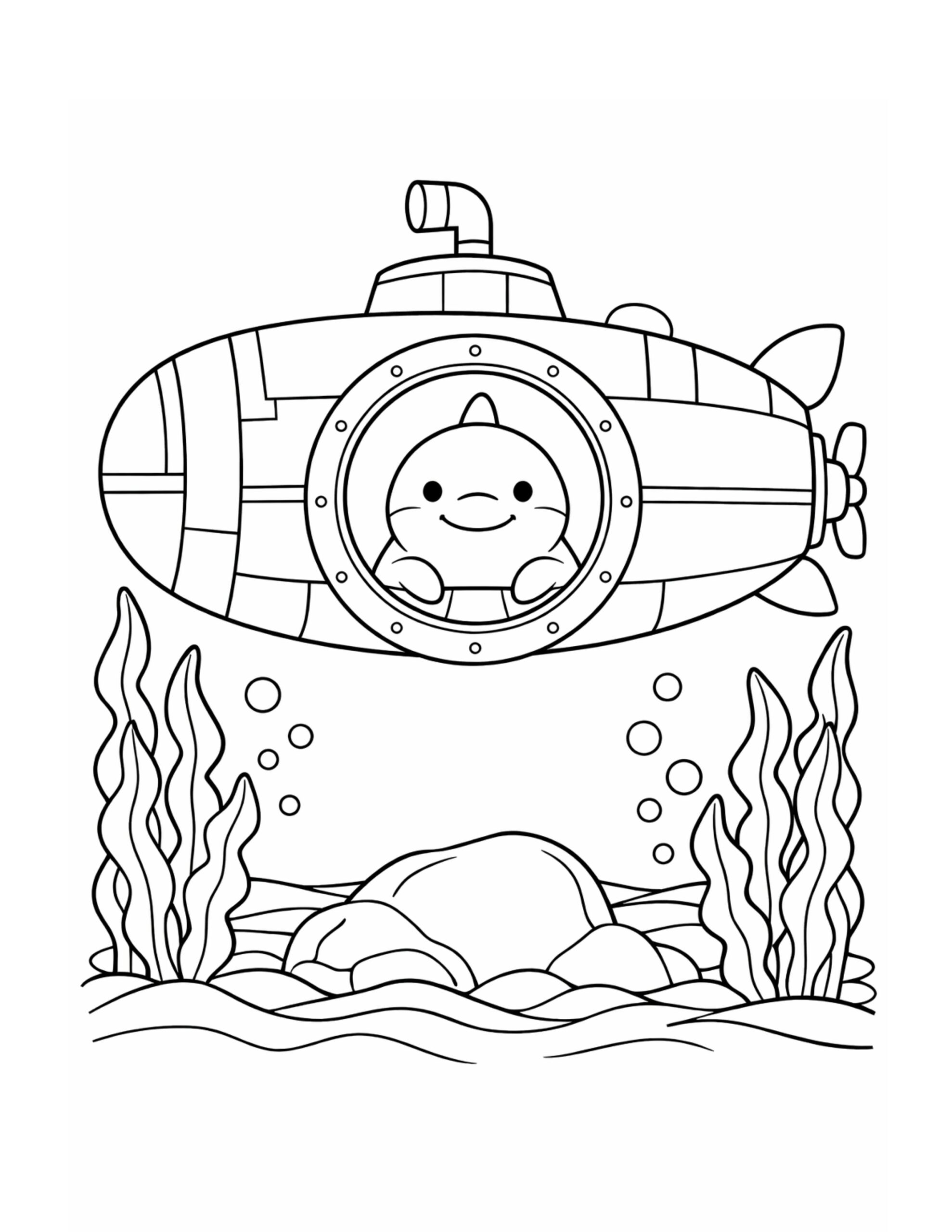 shark in a submarine porthole coloring page with bubbles, seaweed, and rocks in a cute underwater scene coloring page