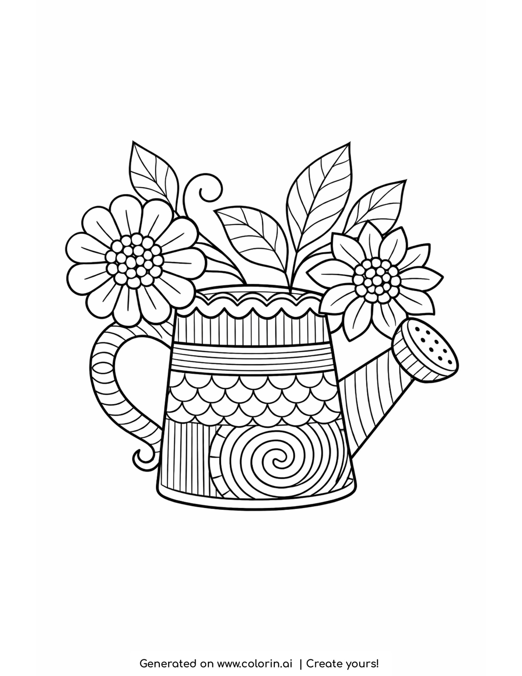 watering can with flowers and leaves decorative coloring page