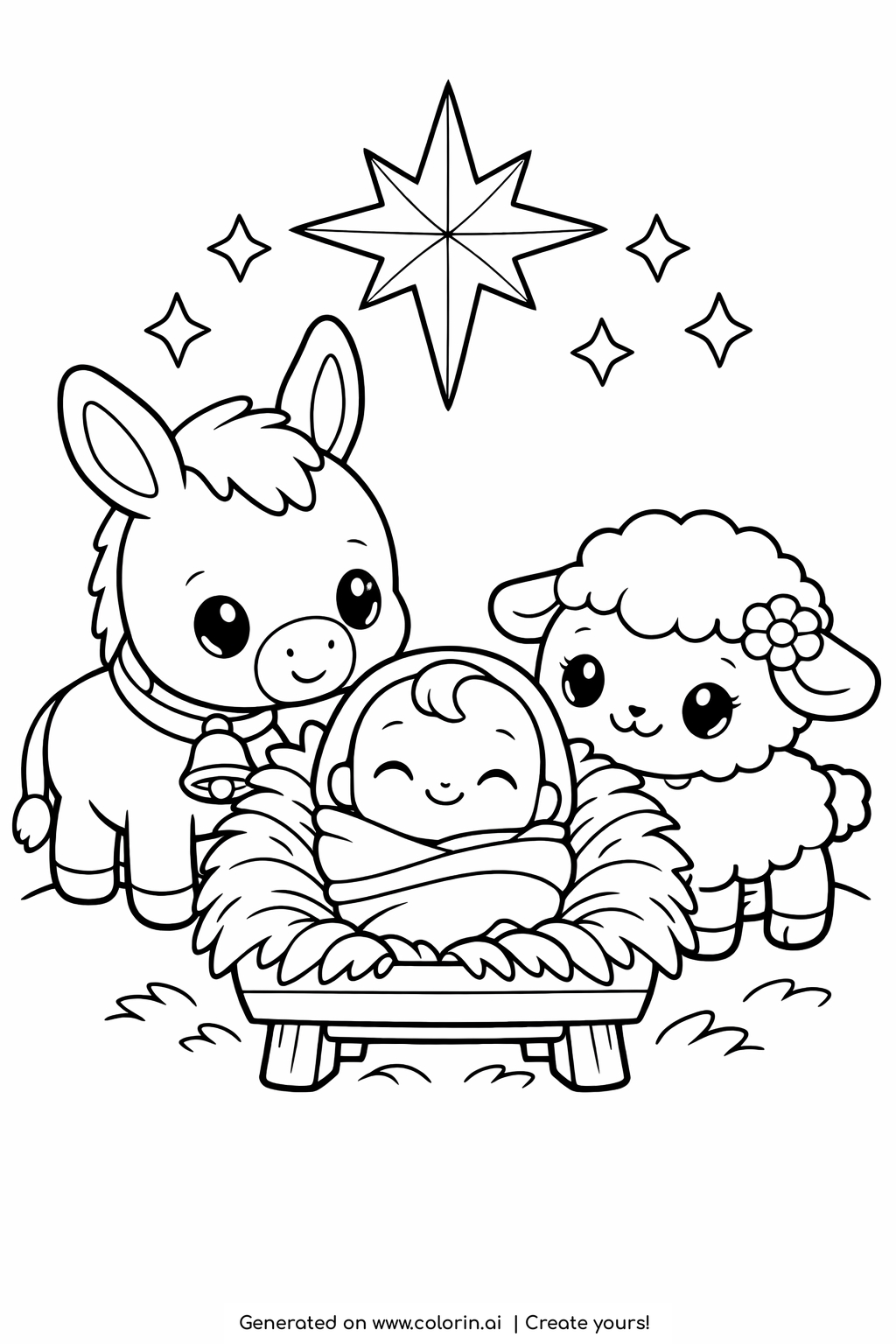 kids bible coloring pages, smiling baby Jesus in a manger with a donkey and lamb under a bright star