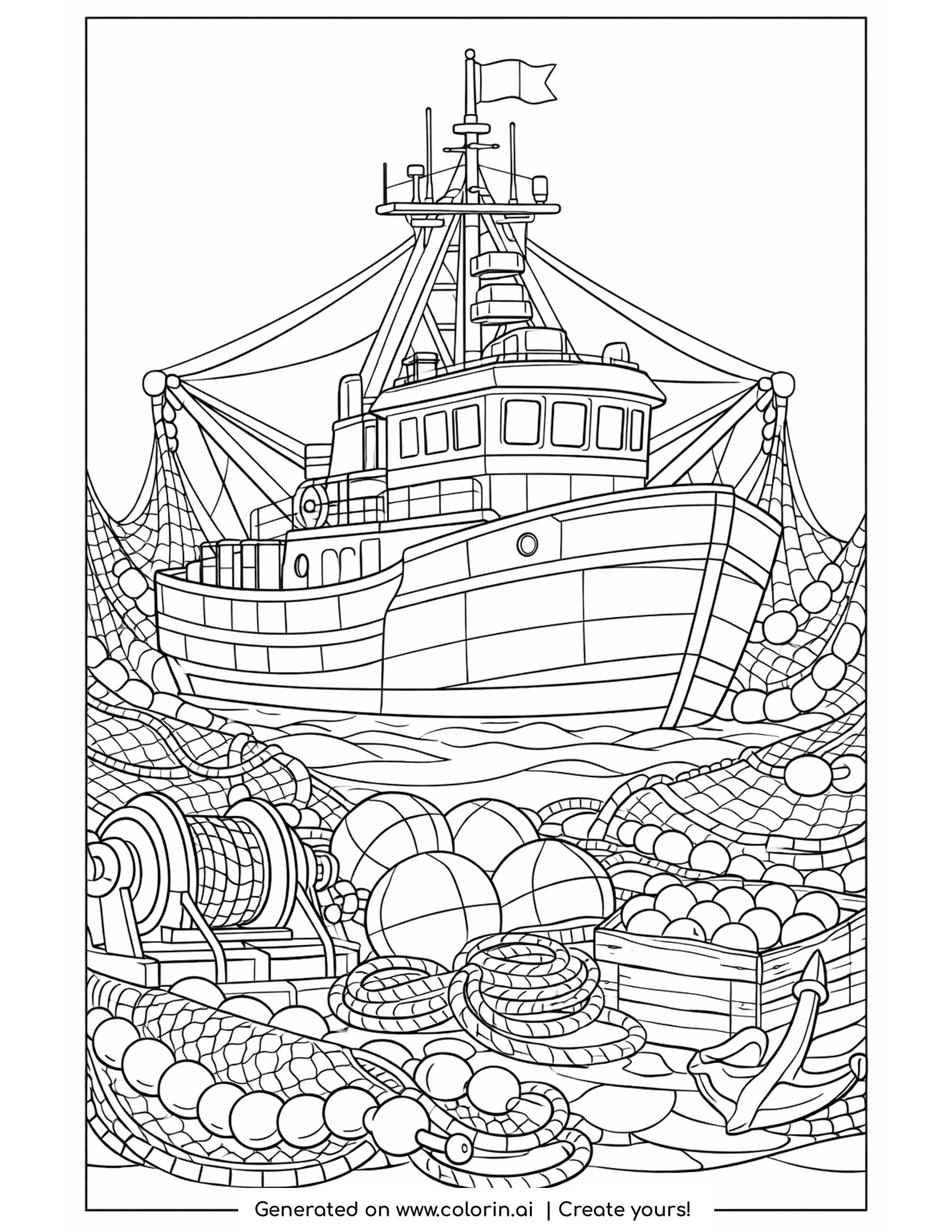 fishing trawler coloring pages — trawler with wheelhouse and nets above a foreground of buoys, rope coils and a crate of catch