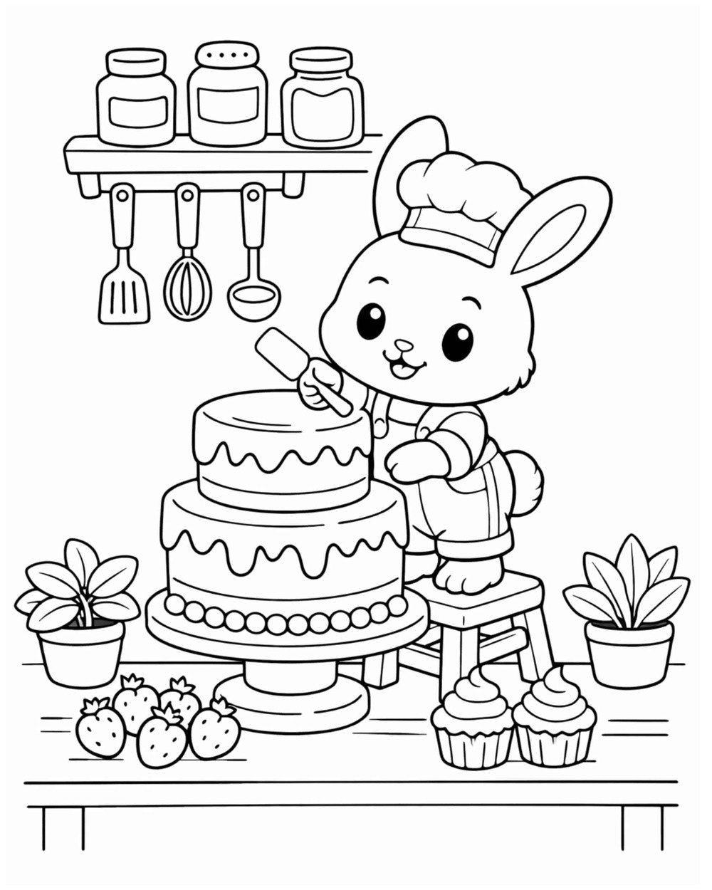 Bunny decorating a cake coloring page
