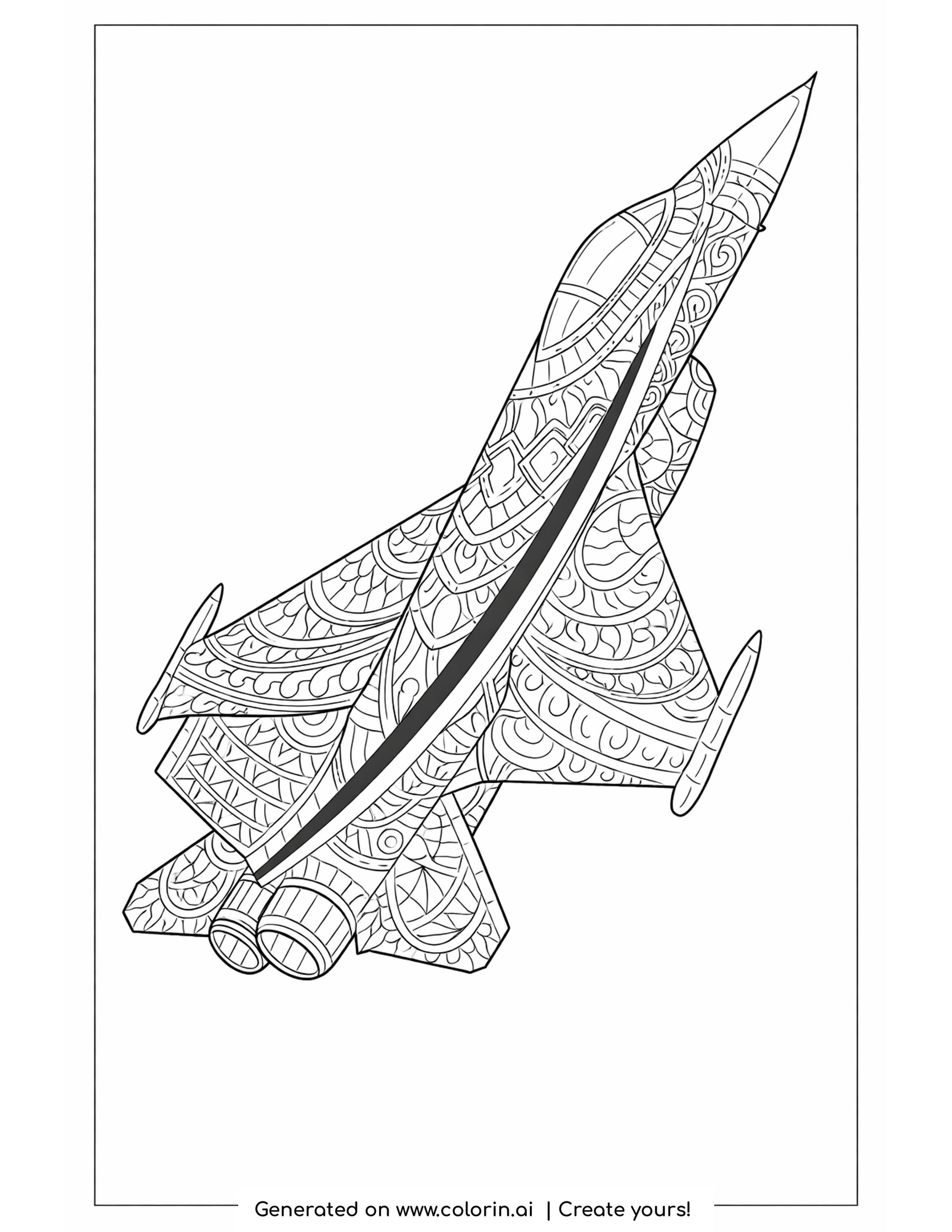 patterned jet coloring pages — fighter jet climbing steeply covered in flowing spiral and scallop patterns