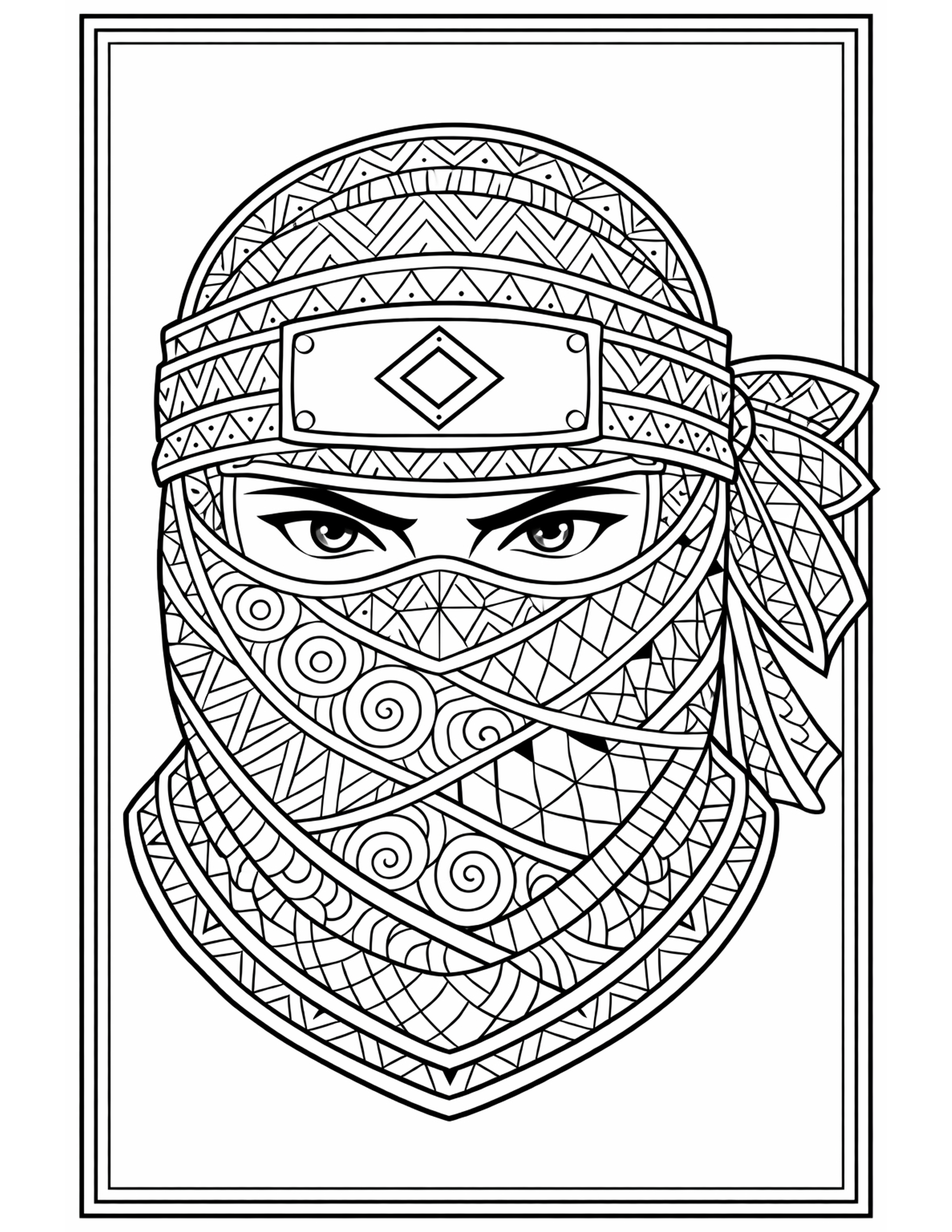 patterned ninja mask coloring pages - hooded ninja head with a plated headband and a mask filled with spirals and crosshatch