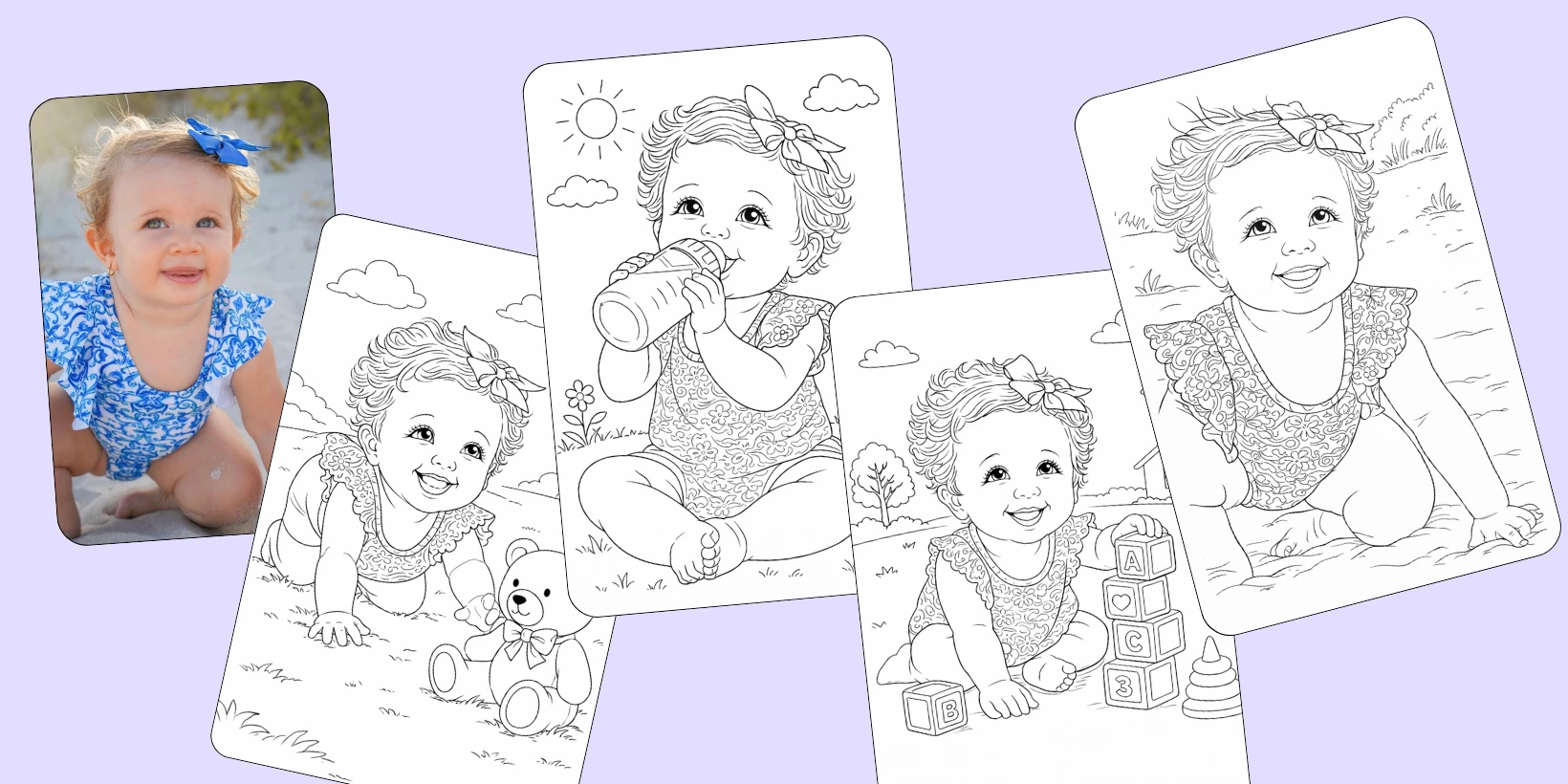 A baby's photo beside four coloring book pages of the same baby in different scenes
