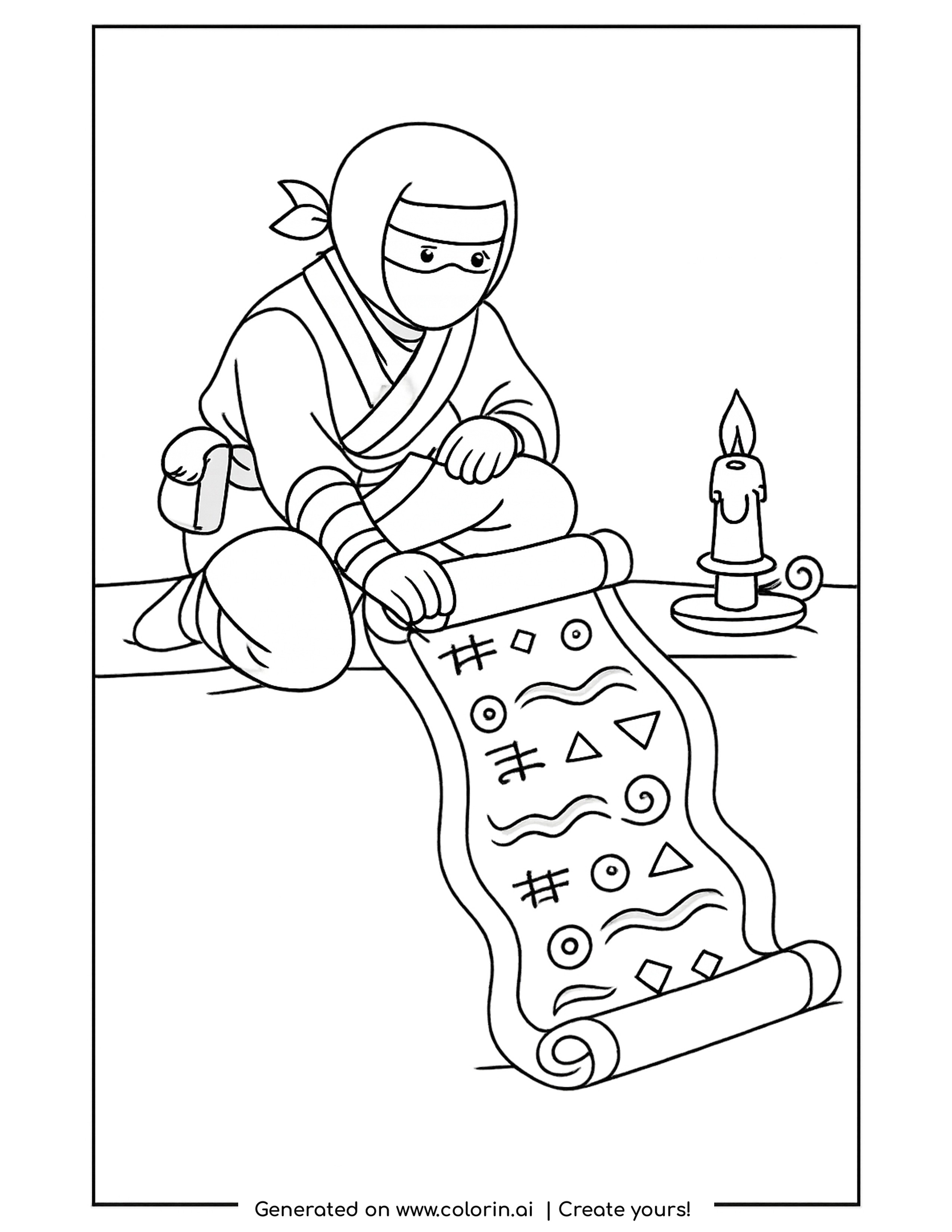 ninja scroll coloring pages - kneeling ninja unrolling a long scroll covered in symbols beside a candle