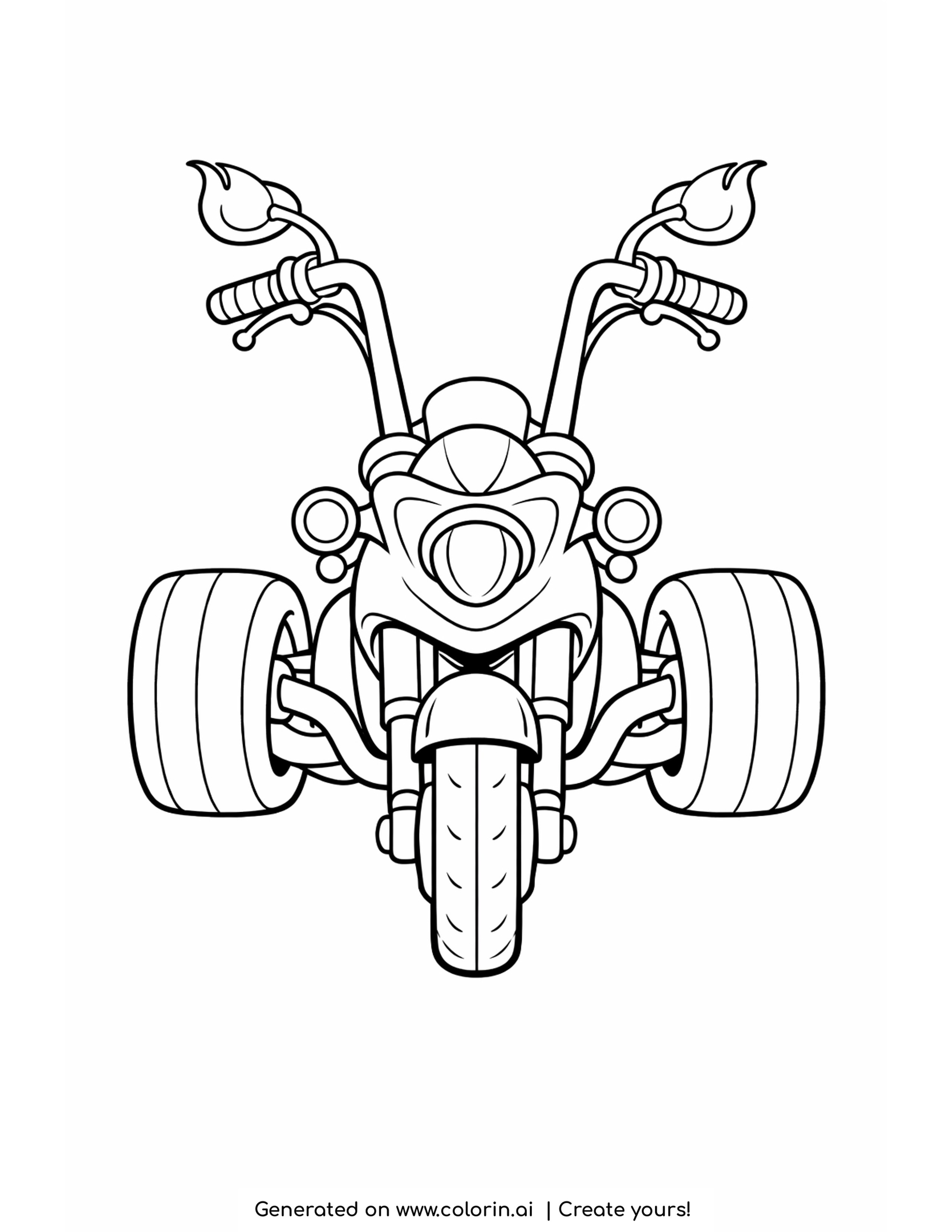 trike motorcycle coloring pages - three wheeled trike seen from the front with two wide rear wheels behind
