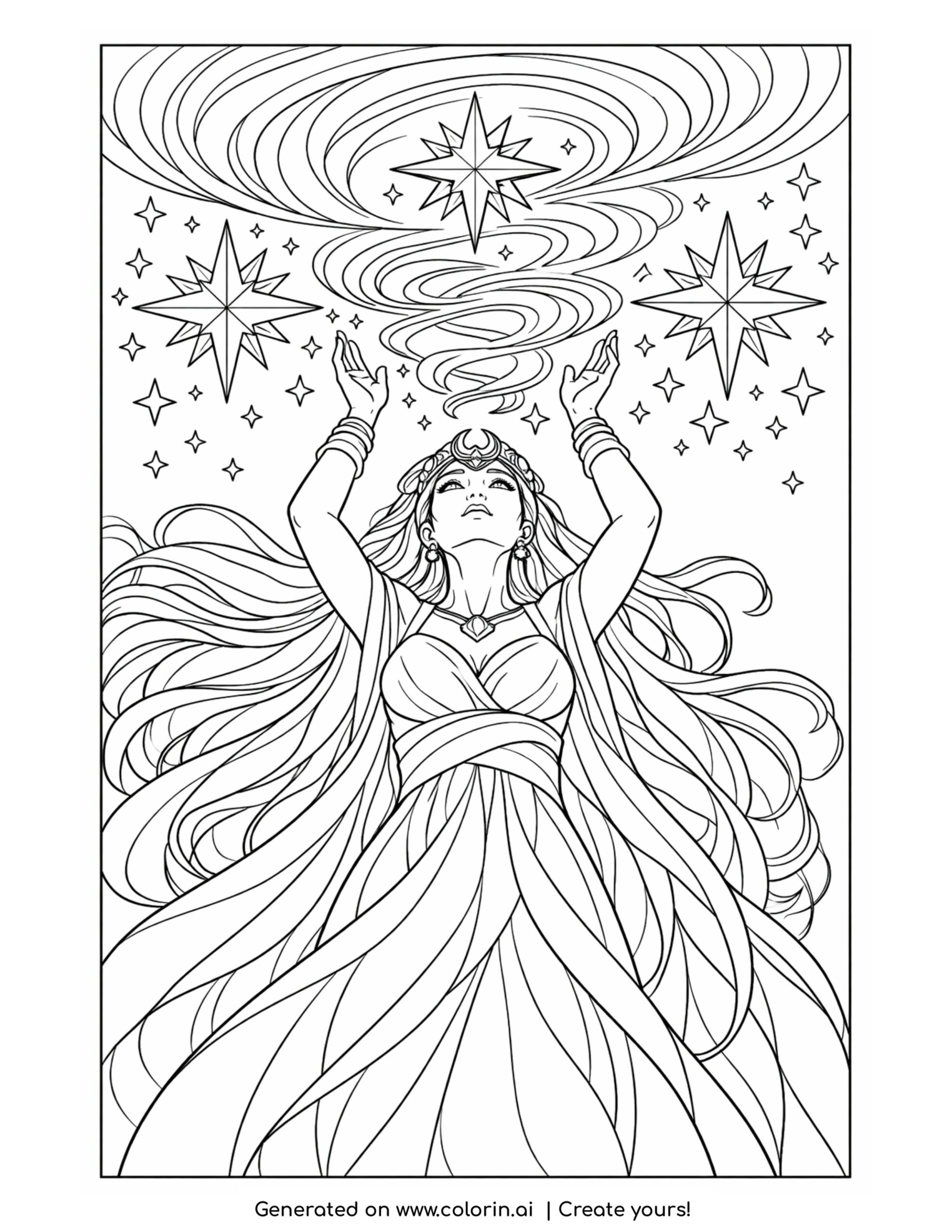 goddess weaving cosmic spirals coloring page with radiant stars and flowing energy