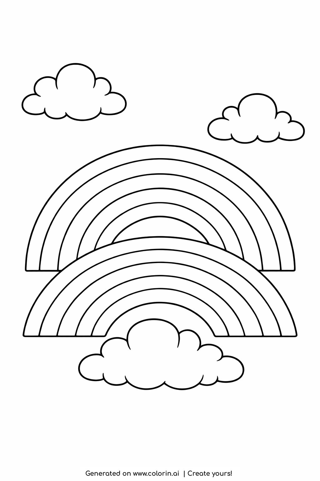 rainbow coloring pages, two stacked rainbow arcs stretching across an open sky dotted with puffy clouds