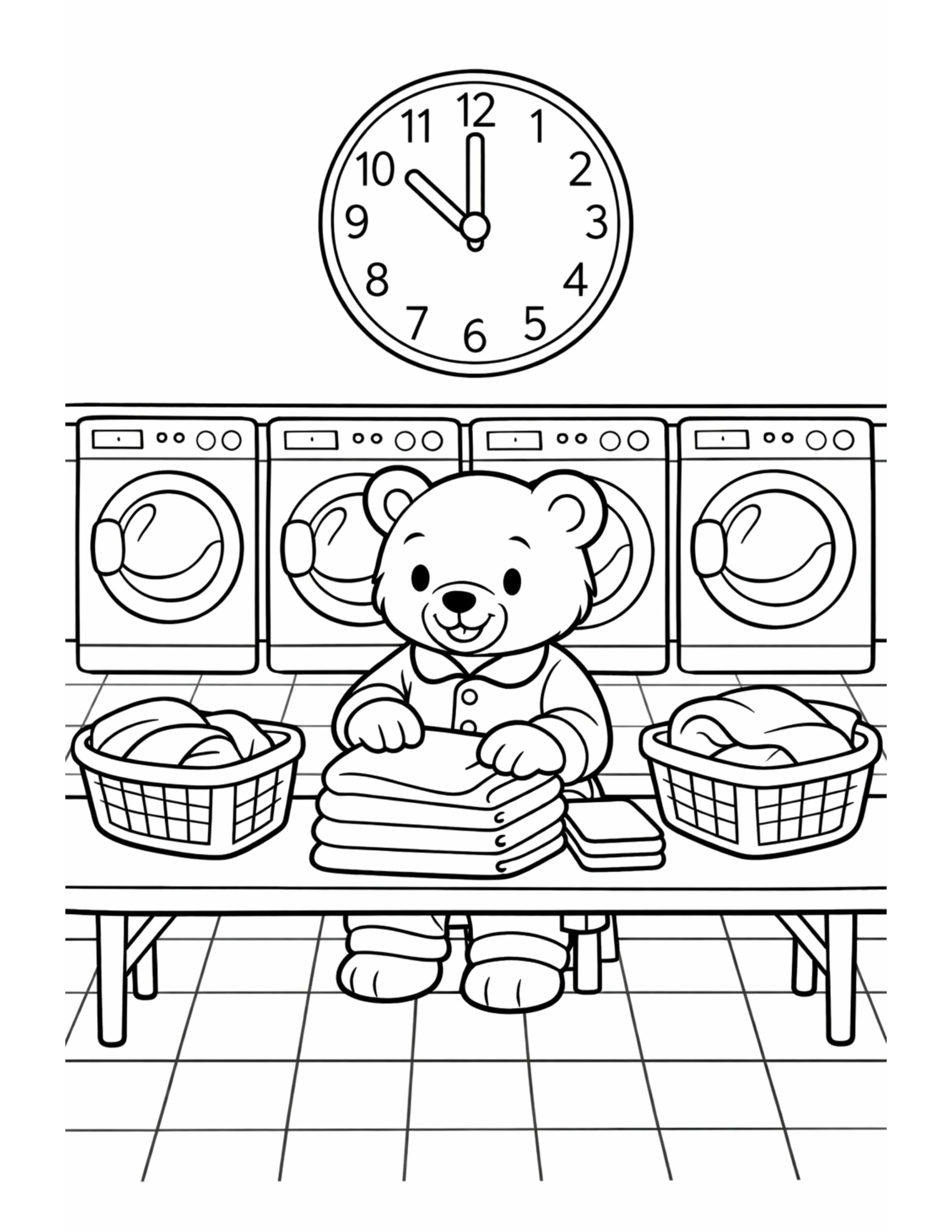bear folding laundry at laundromat coloring page with washing machines, laundry baskets, folded towels, and a wall clock coloring page