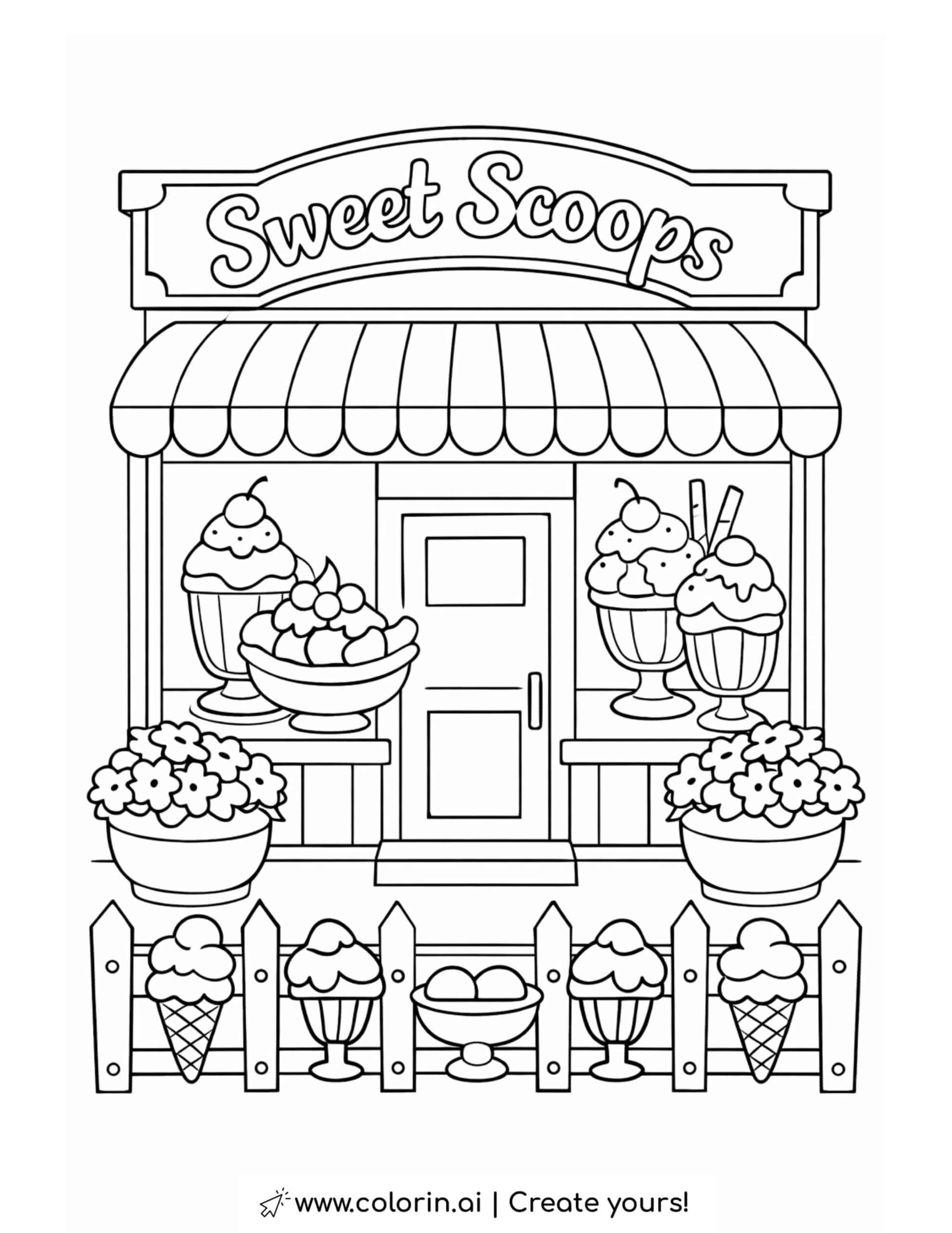 sweet scoops ice cream shopfront coloring page with a shop sign, awning, sundae window display, and flowers coloring page