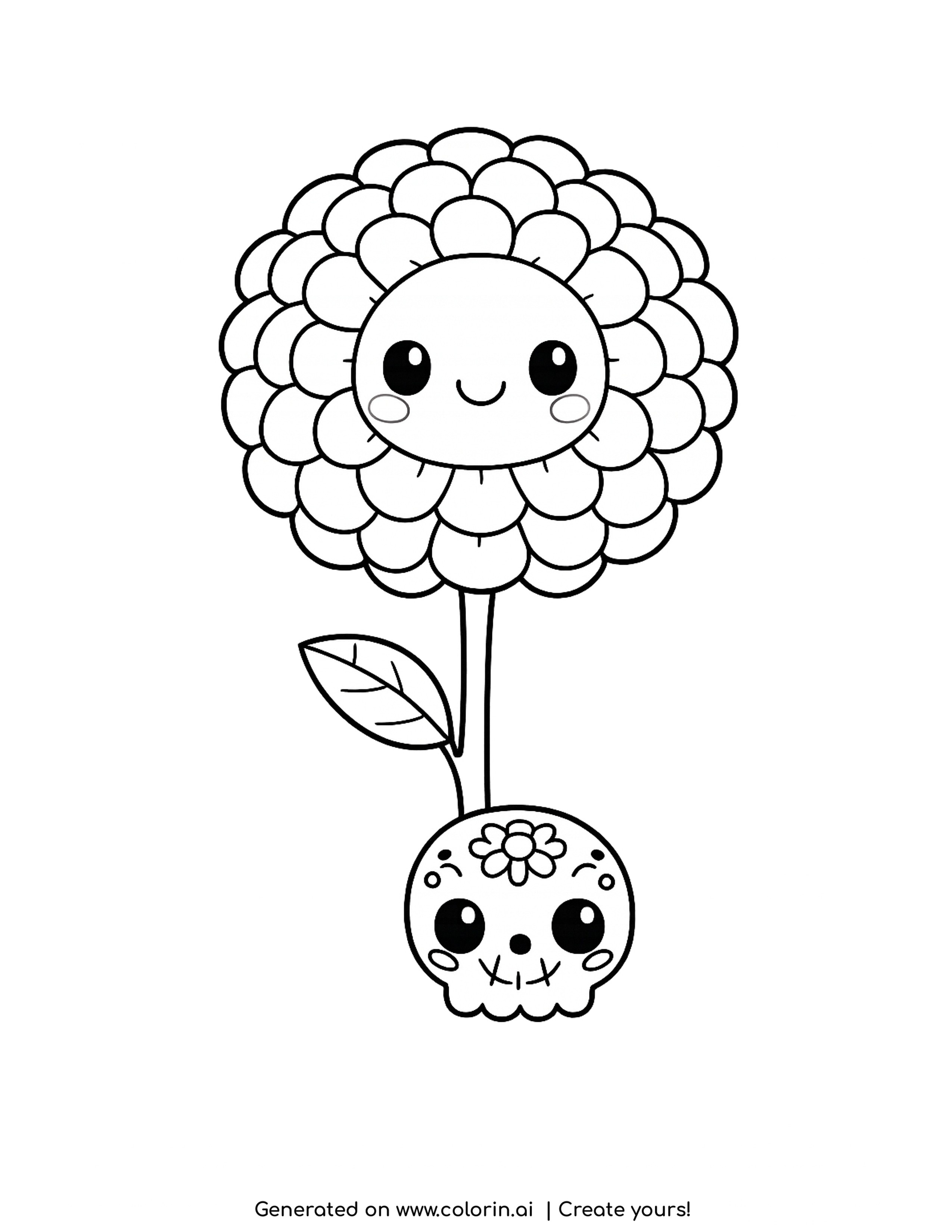marigold coloring pages, big layered marigold bloom on a stem with a tiny sugar skull resting at its base