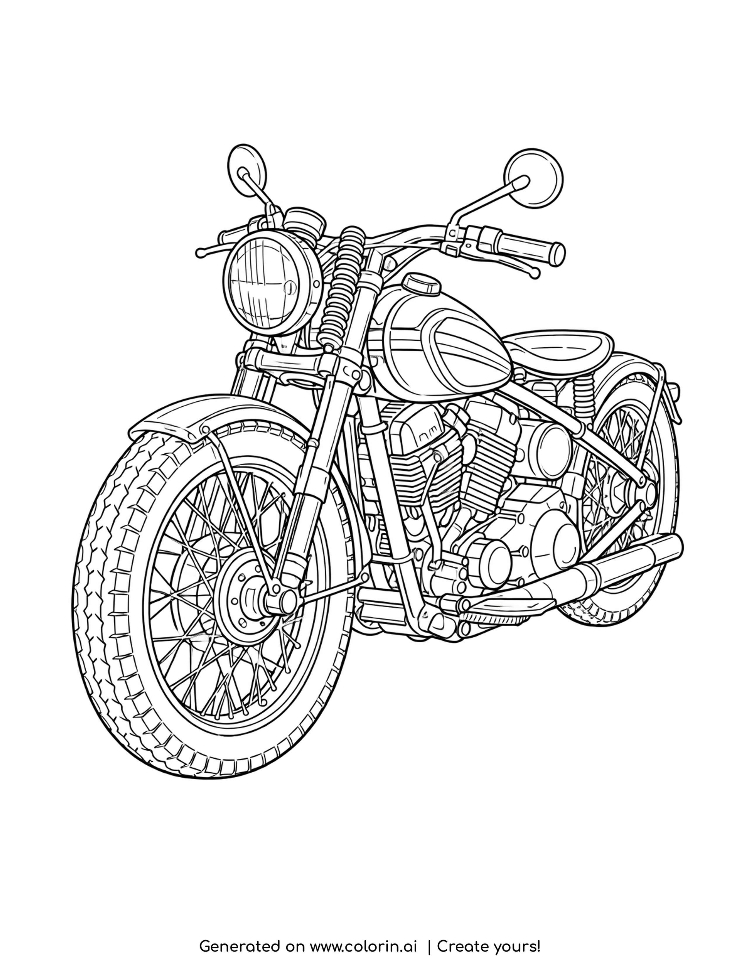 vintage motorcycle coloring pages - detailed vintage motorcycle with a rigid frame, a sprung seat and spoked wheels