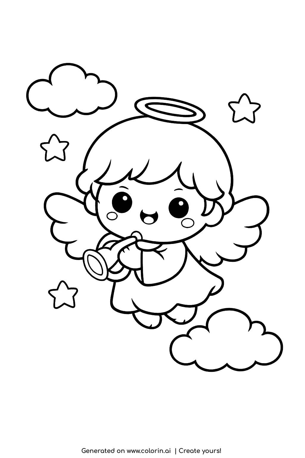 children's bible coloring pages, tiny cherub angel with a halo blowing a trumpet among stars and clouds