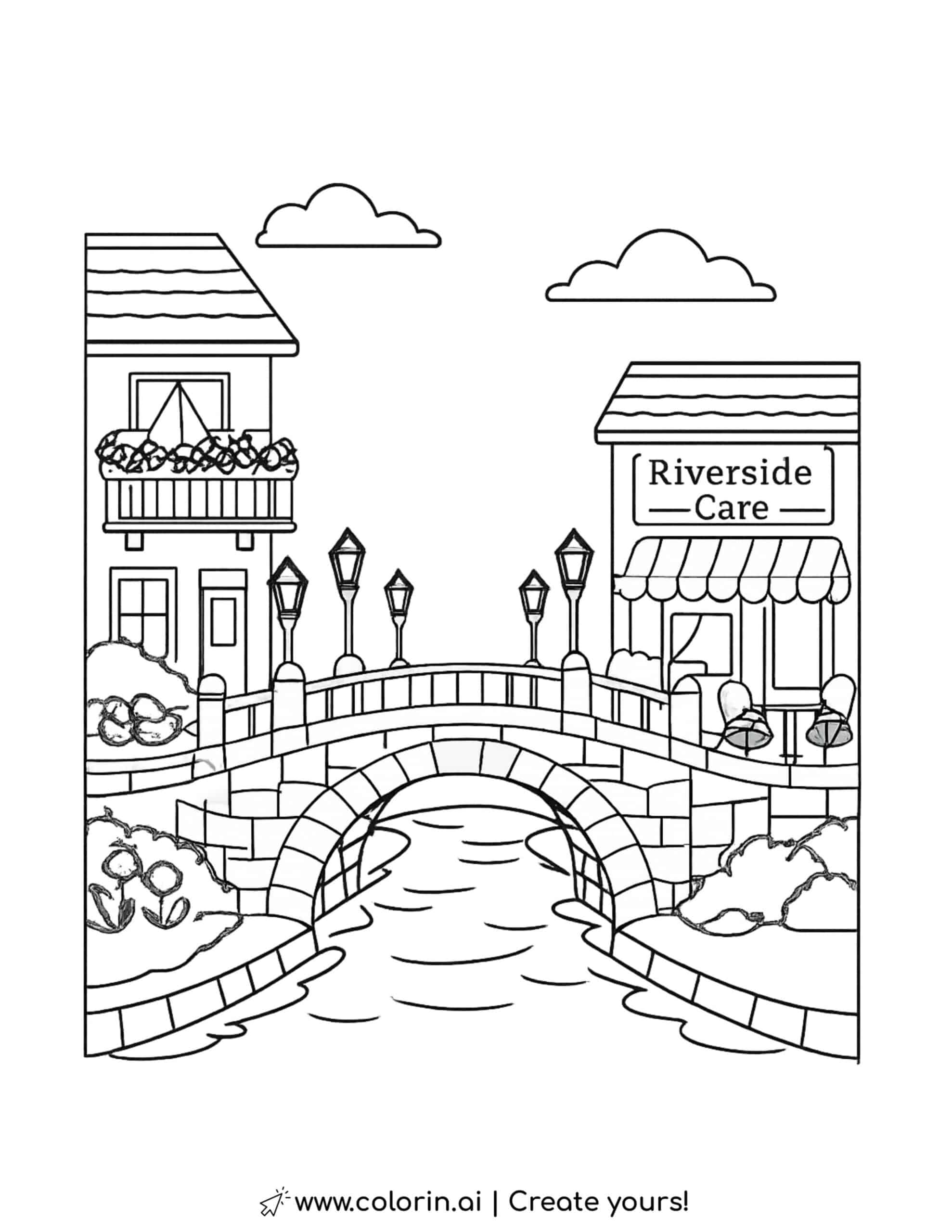 stone bridge in cozy neighborhood coloring page with riverside houses and cafe