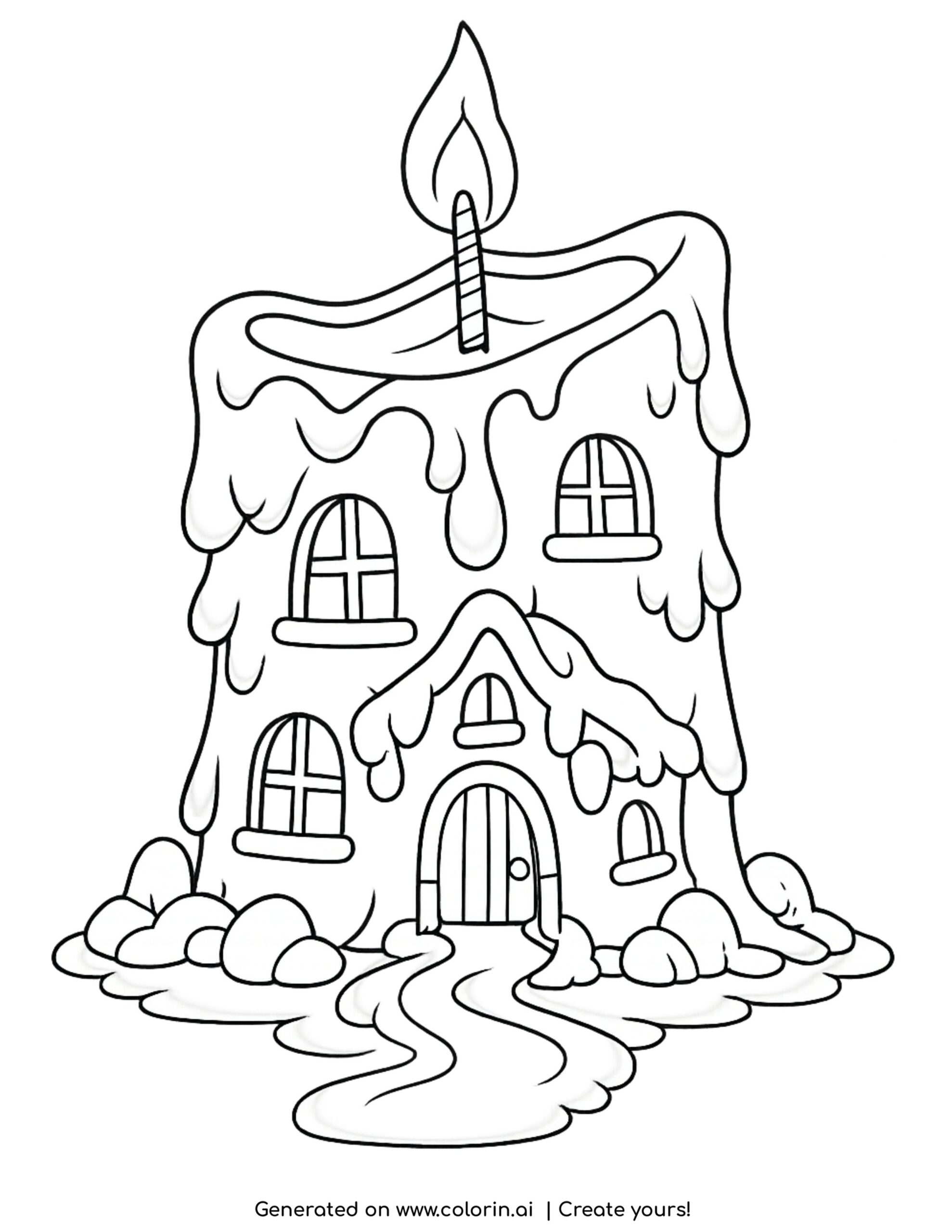 house inside melting candle coloring page with dripping wax and flame on top