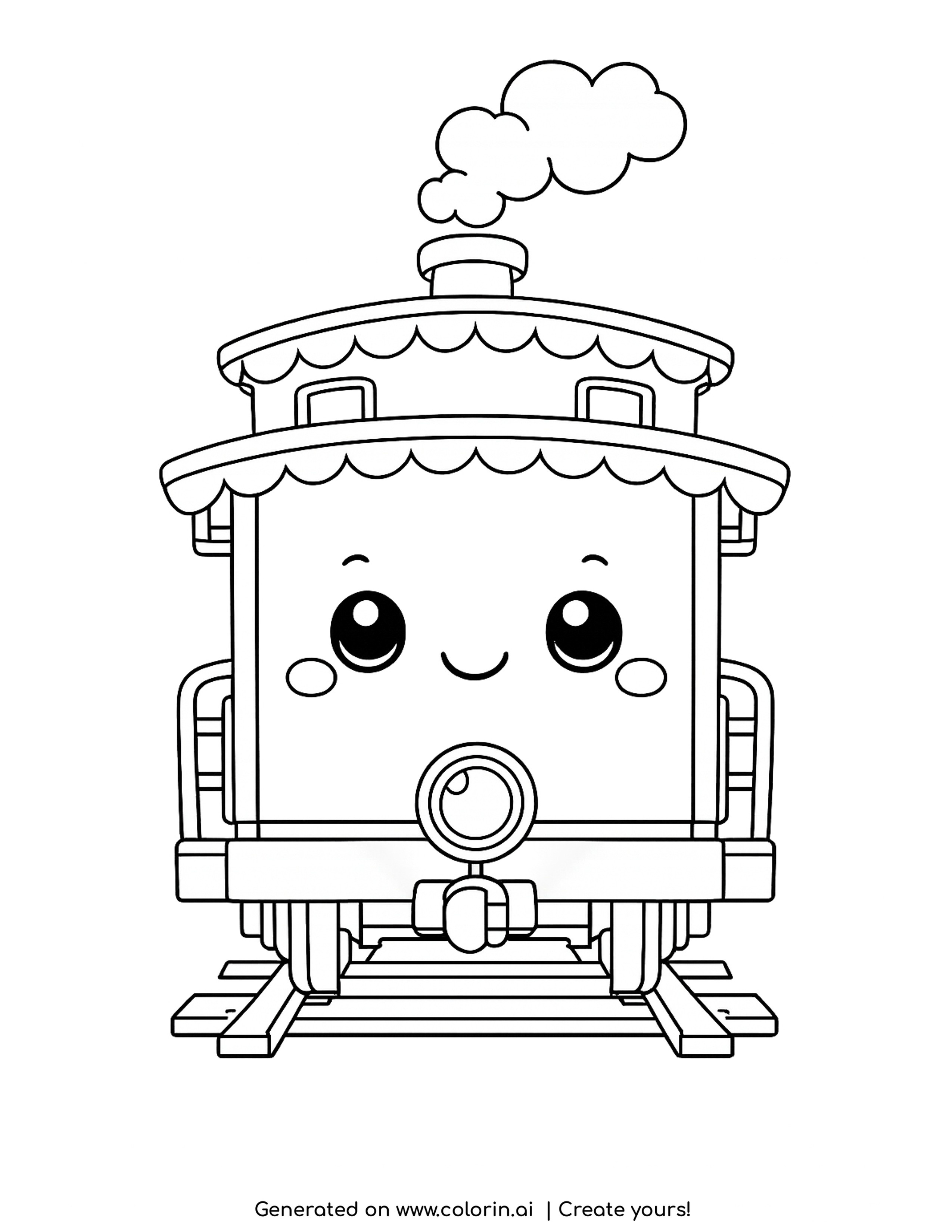 caboose coloring pages: a smiling caboose seen from behind with a cupola, chimney smoke and a rear lantern