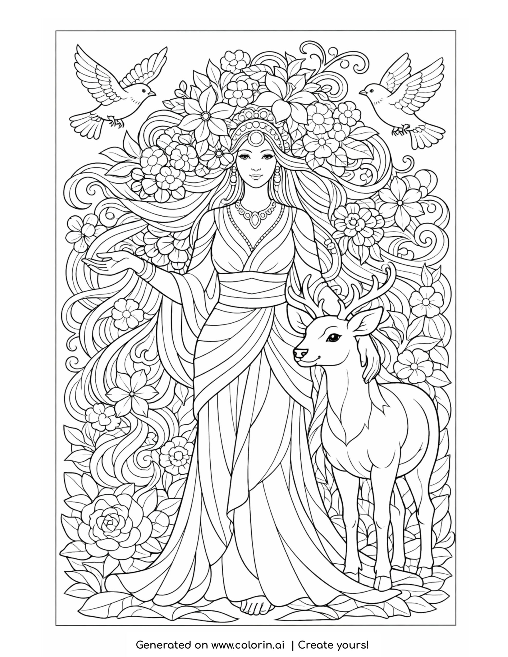 goddess wandering through blossom grove coloring page with deer and flying birds