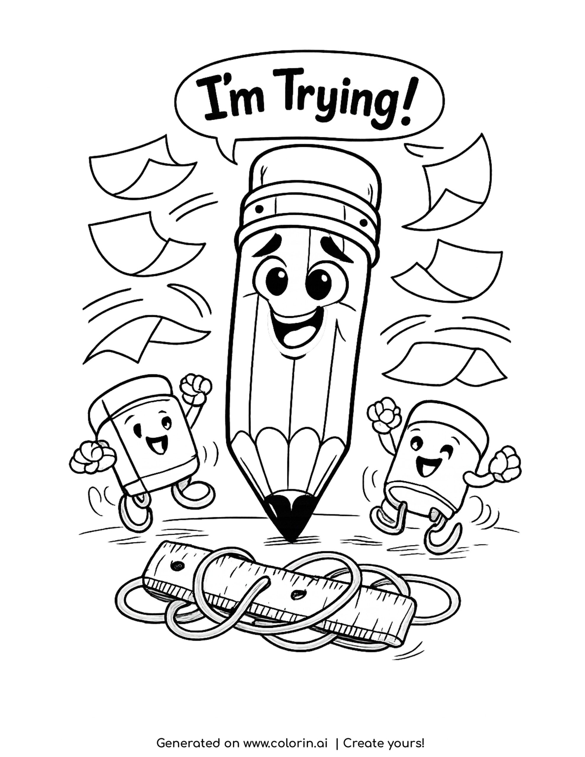 funny quote coloring pages, a smiling pencil with an I'm Trying speech bubble, two cheering erasers, a tangled ruler and flying papers