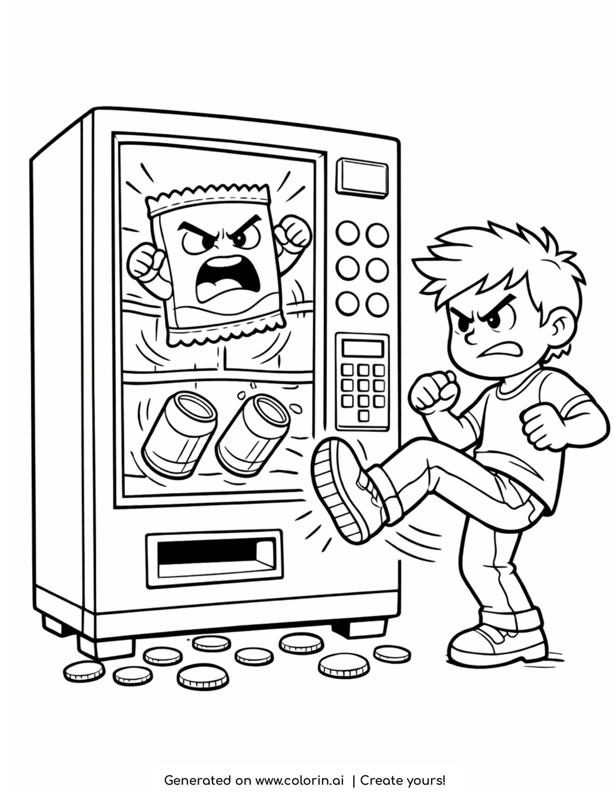 funny vending machine coloring pages, an angry kid kicking a vending machine with a stuck snack bag, jammed cans and coins on the floor