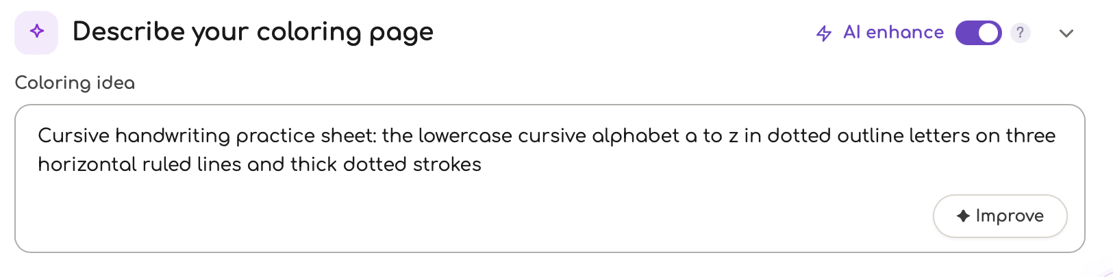 The Colorin AI description box with a cursive alphabet practice sheet typed into it