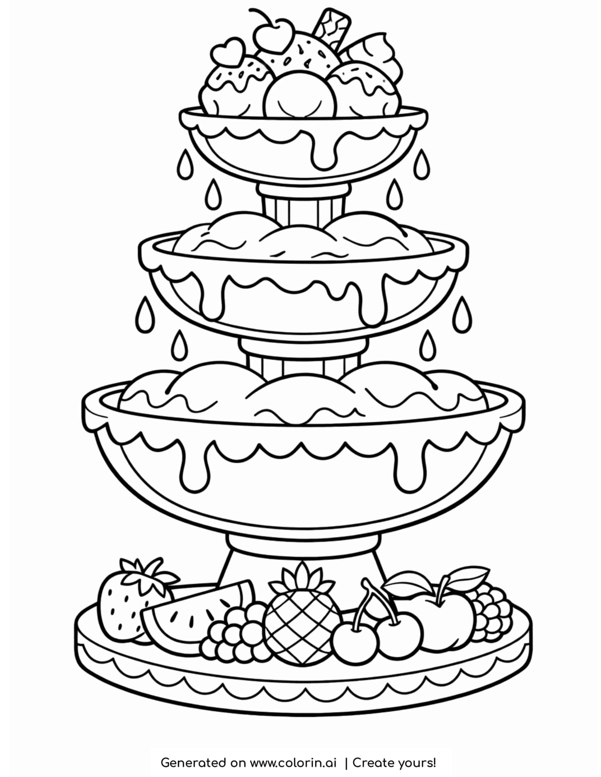 three tier ice cream fountain with dripping scoops and fruits coloring page