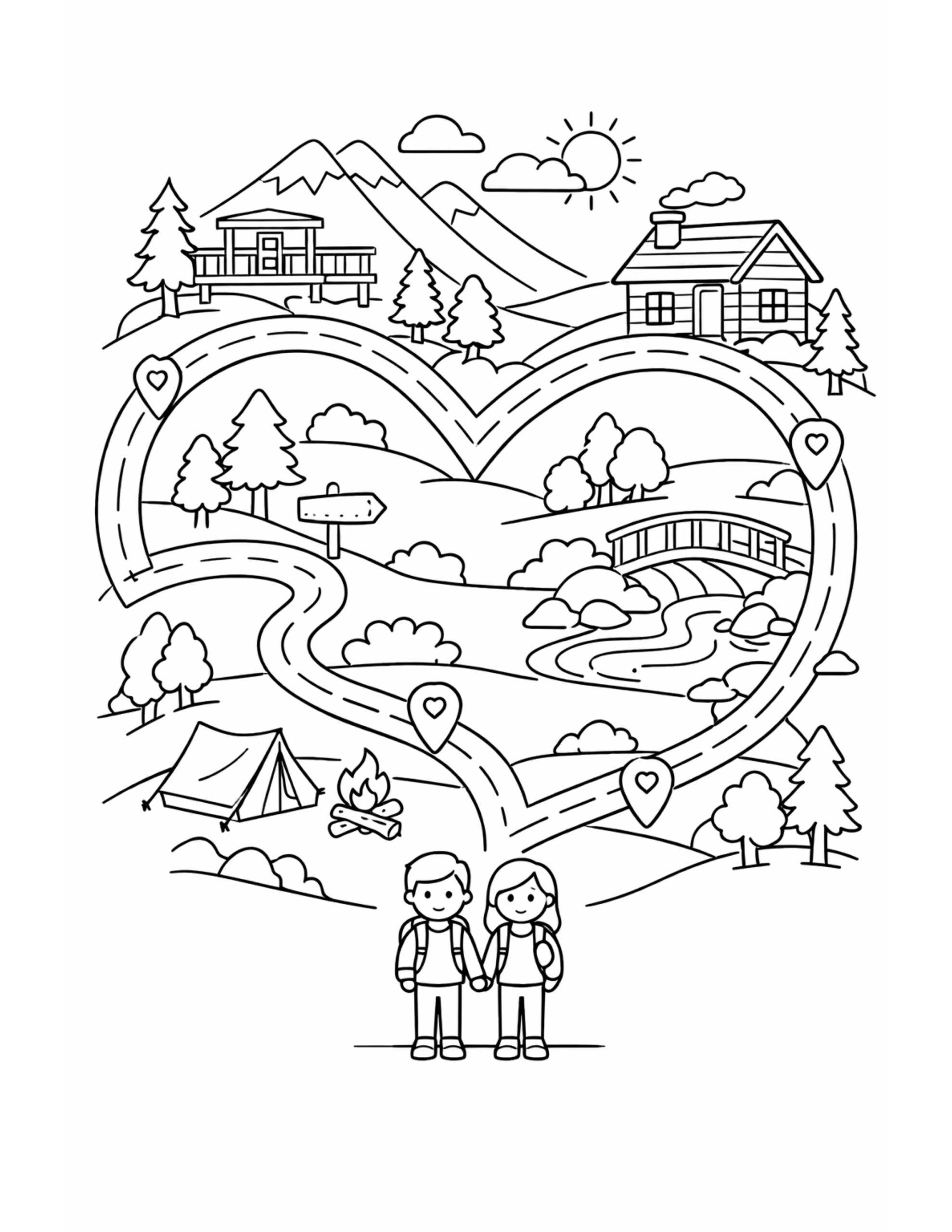 heart shaped road through mountains coloring page, scenic heart route with cabins, bridge, tent, and couple coloring page