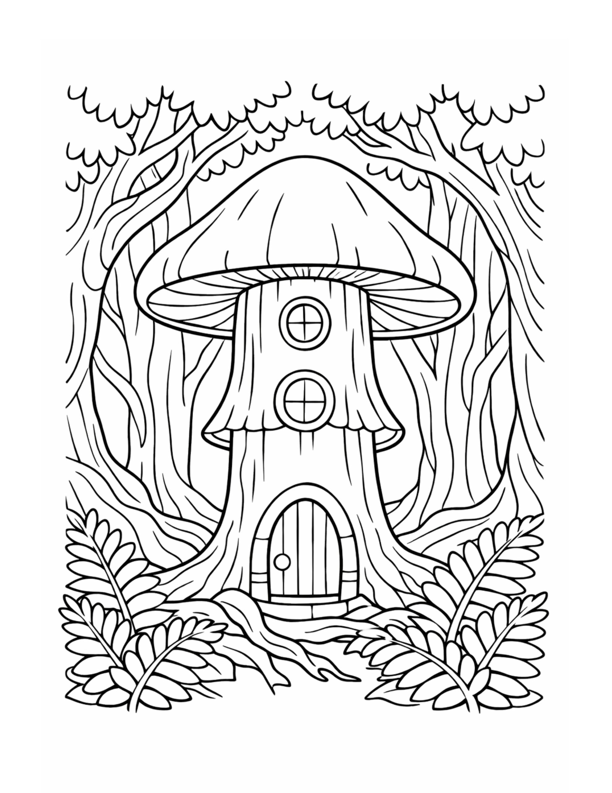 mushroom house in forest coloring page with a mushroom cottage, round windows, wooden door, trees, and ferns coloring page