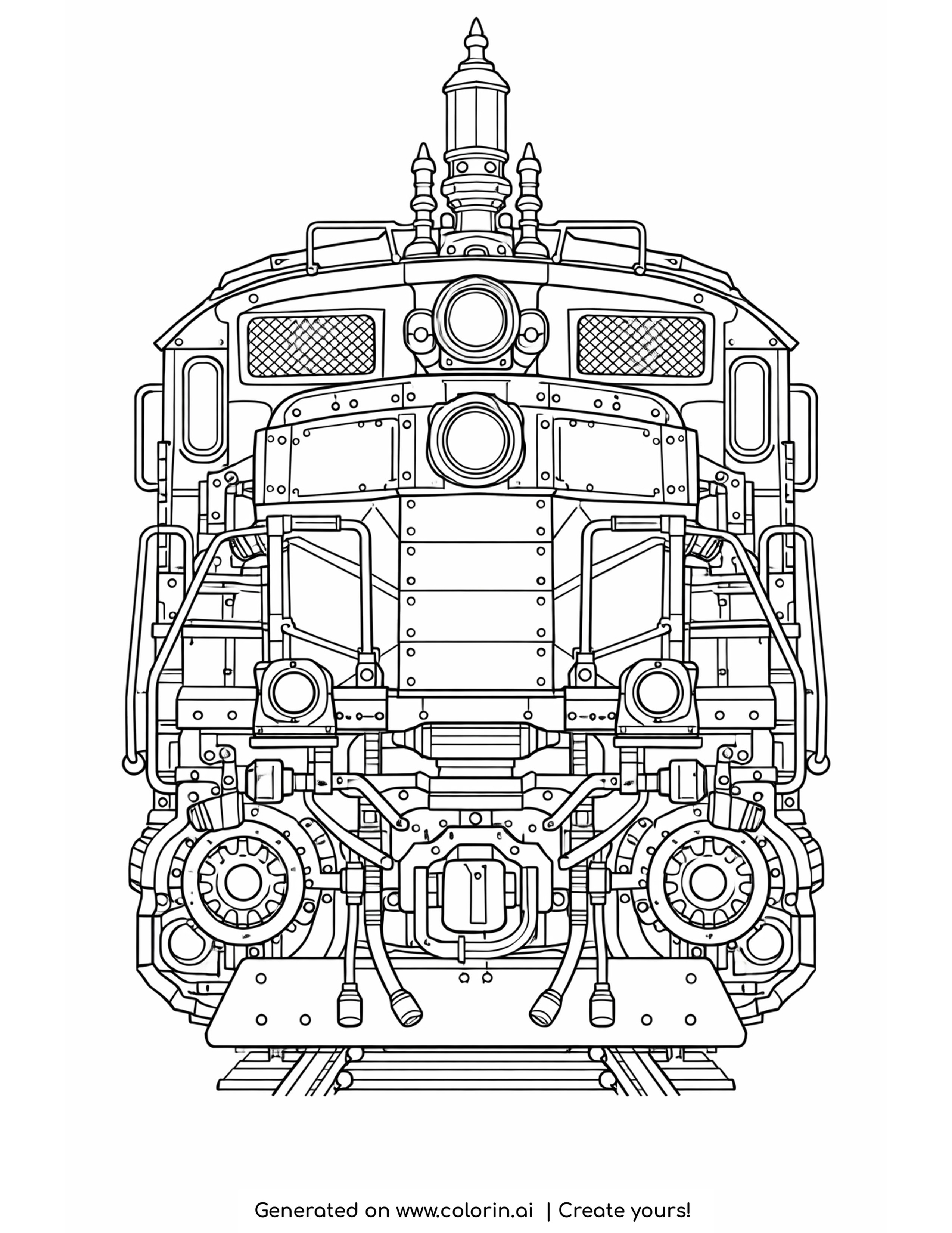 freight engine coloring pages: a head on freight locomotive with toothed gears, mesh grilles and riveted plate