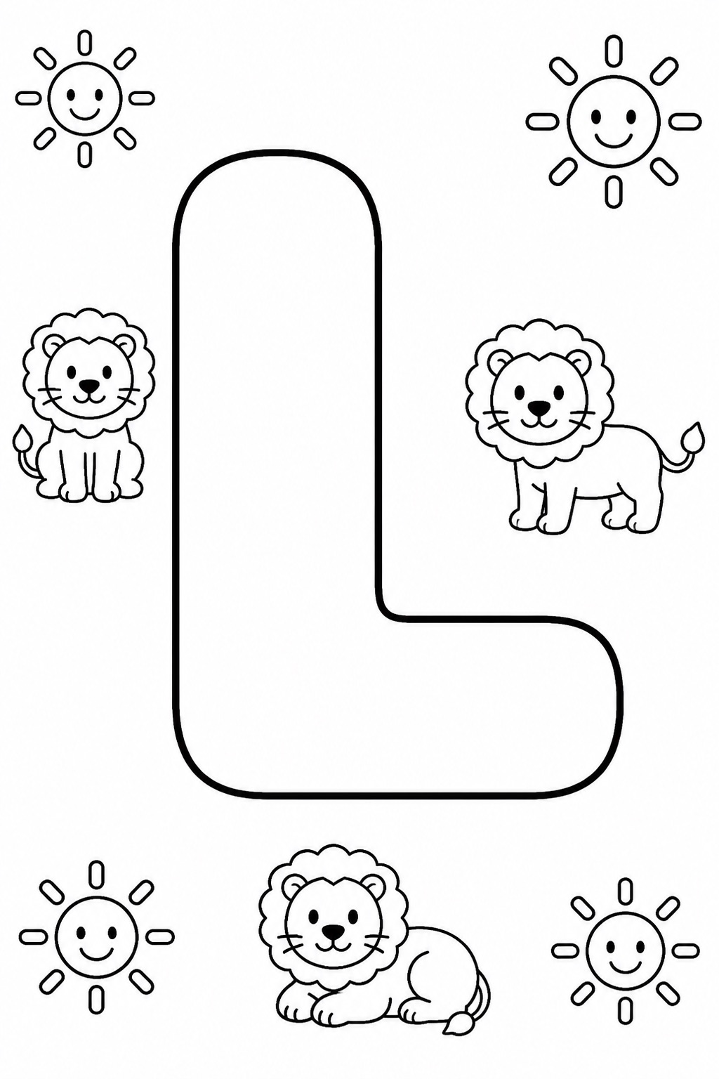 A giant hollow capital L to color, with small lions and suns around it