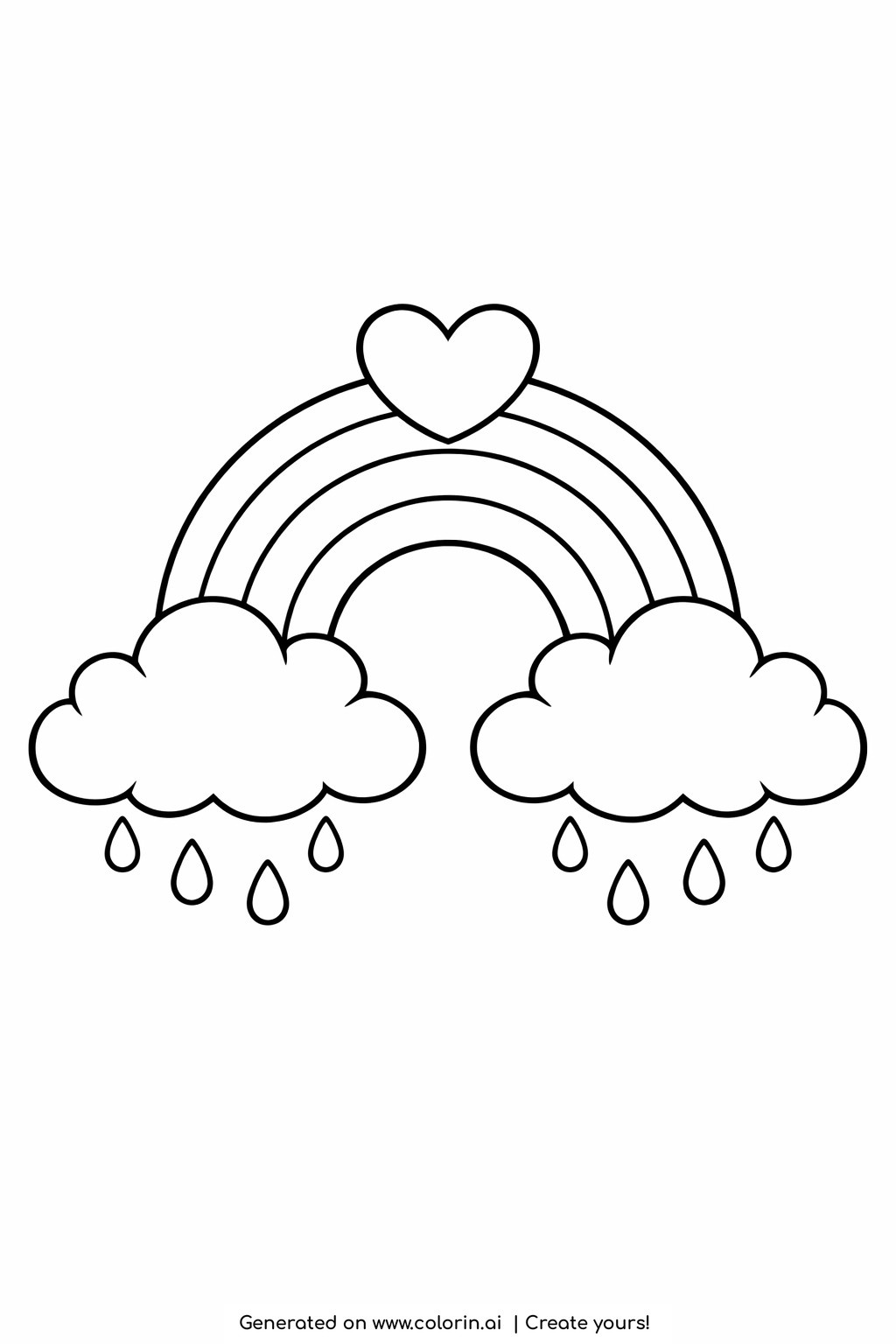 coloring pages for kids rainbow, a rainbow arch with a heart on top and two rain clouds with falling drops