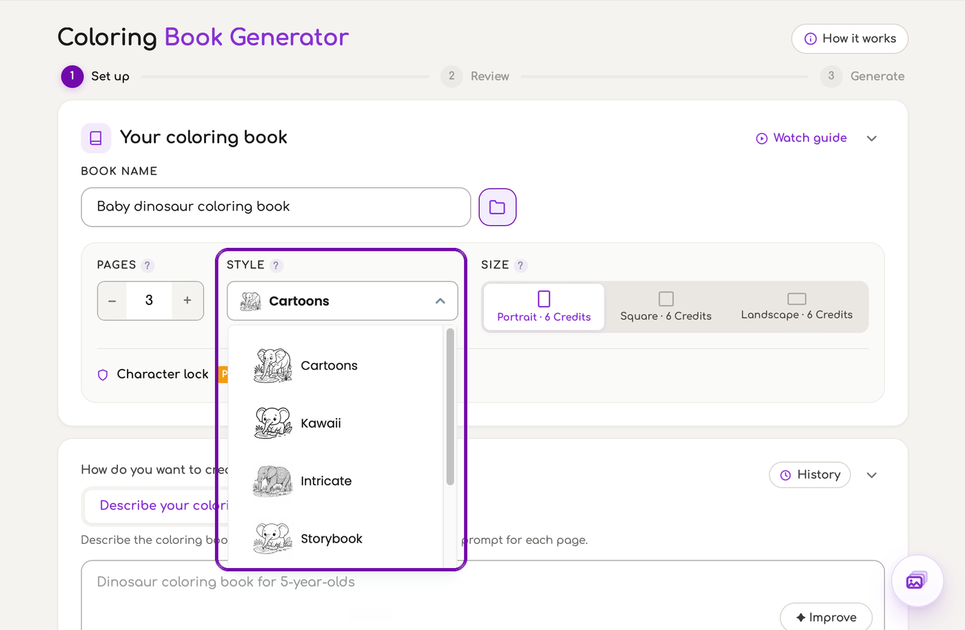 The style list open in step one of the Colorin book generator, marked in purple next to pages and size