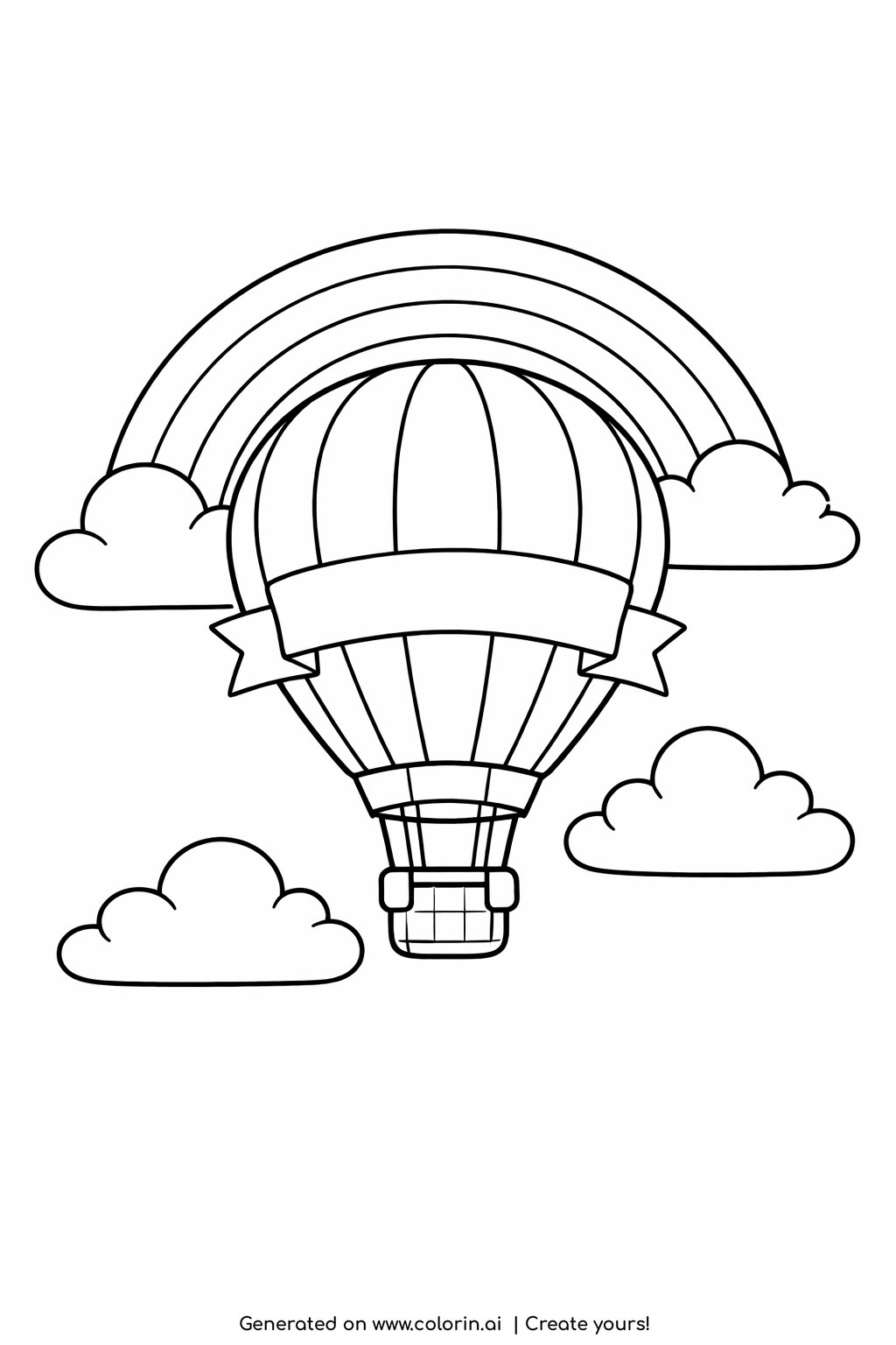 rainbow coloring pages, a striped hot air balloon drifting up in front of a rainbow, with clouds around the basket
