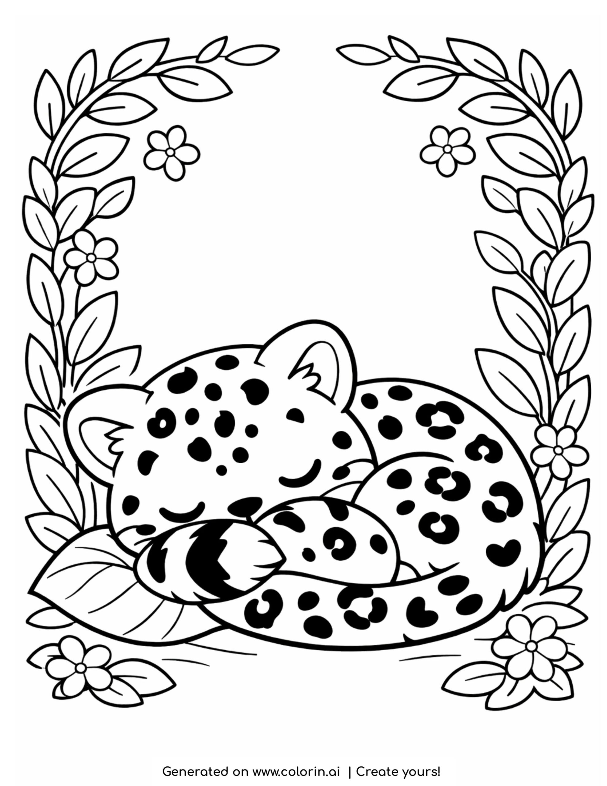 leopard coloring pages, a sleepy leopard cub curled in a ball with a leaf wreath