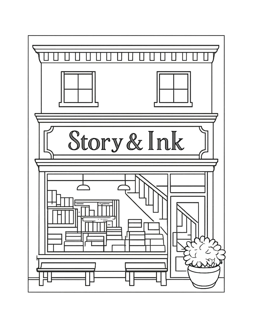 Coloring page of a bookstore storefront with a window full of shelves, intermediate difficulty, for adults