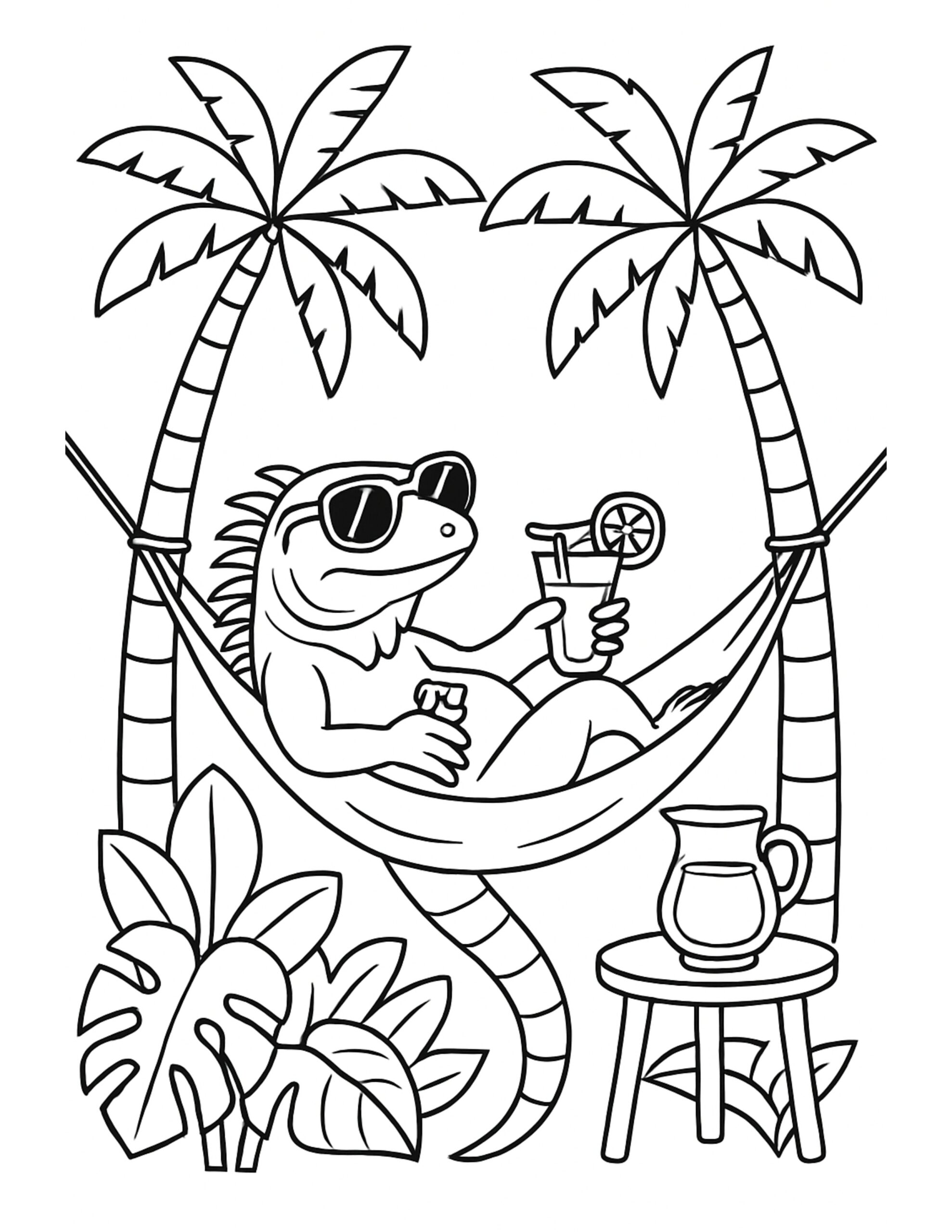 lizard relaxing in hammock coloring page lounging between palm trees with sunglasses and a tropical drink, coloring page