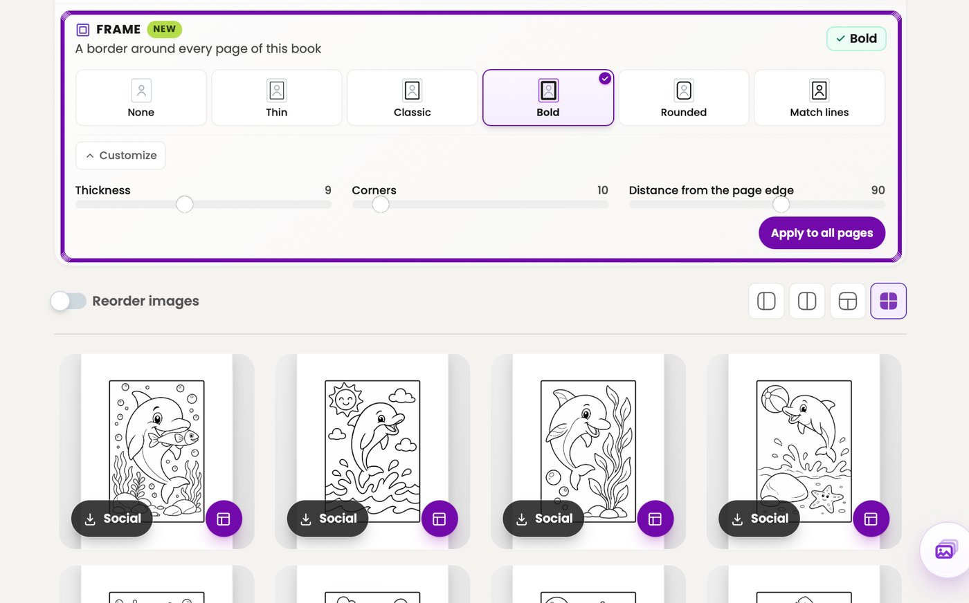 The Frame section of a coloring book in Colorin AI marked above its pages, with Bold selected and Customize open