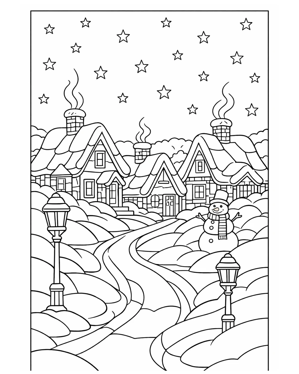Coloring page of a snowy village at night with cottages, a lamp post and a snowman, intermediate difficulty