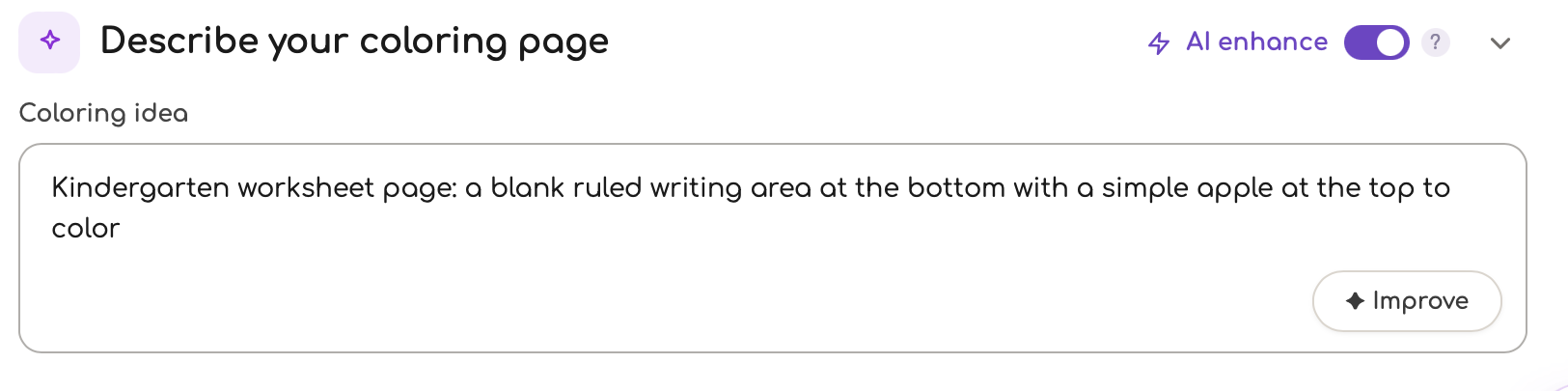 The Colorin AI description box with a kindergarten worksheet page typed into it