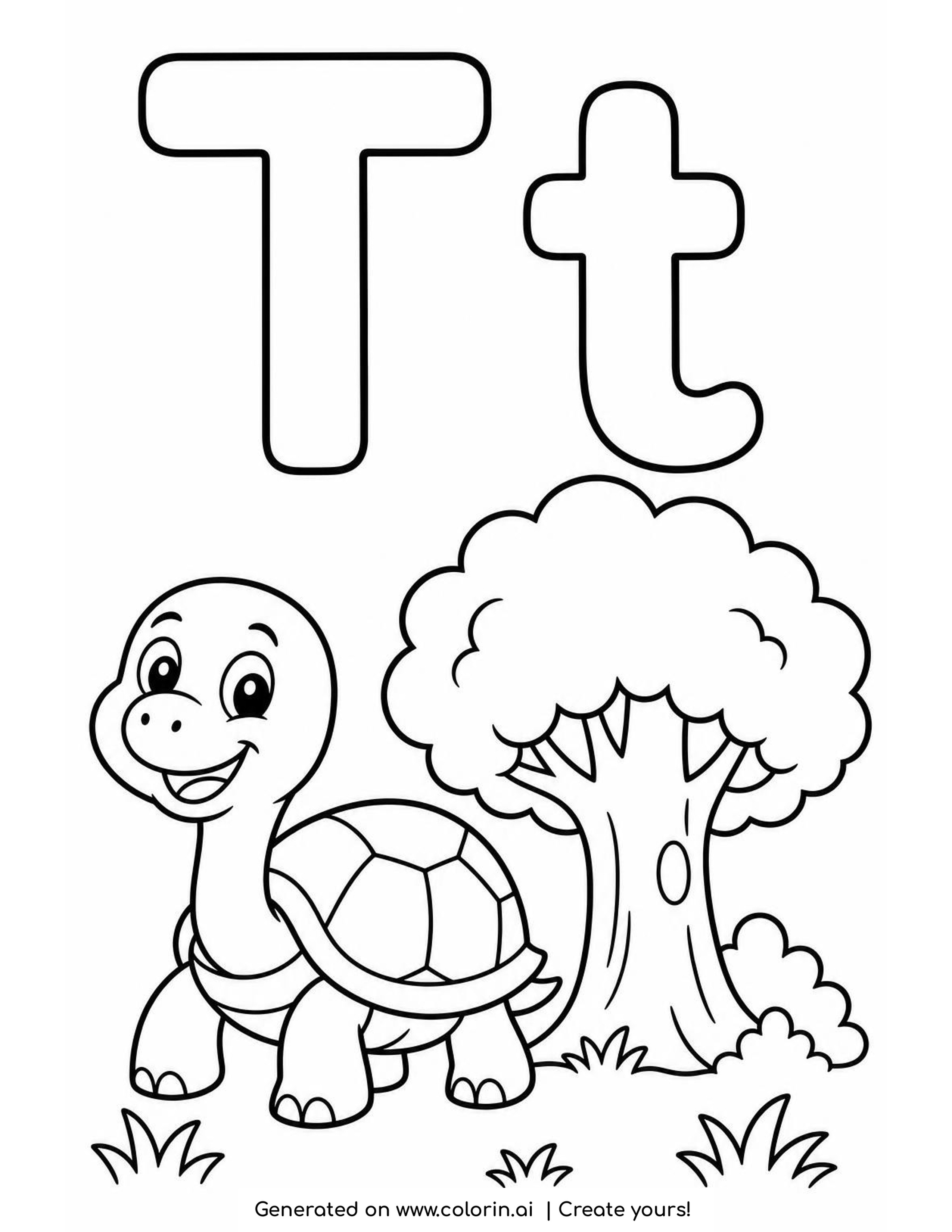 Letter T Coloring Page: Turtle and Tree | Colorin AI