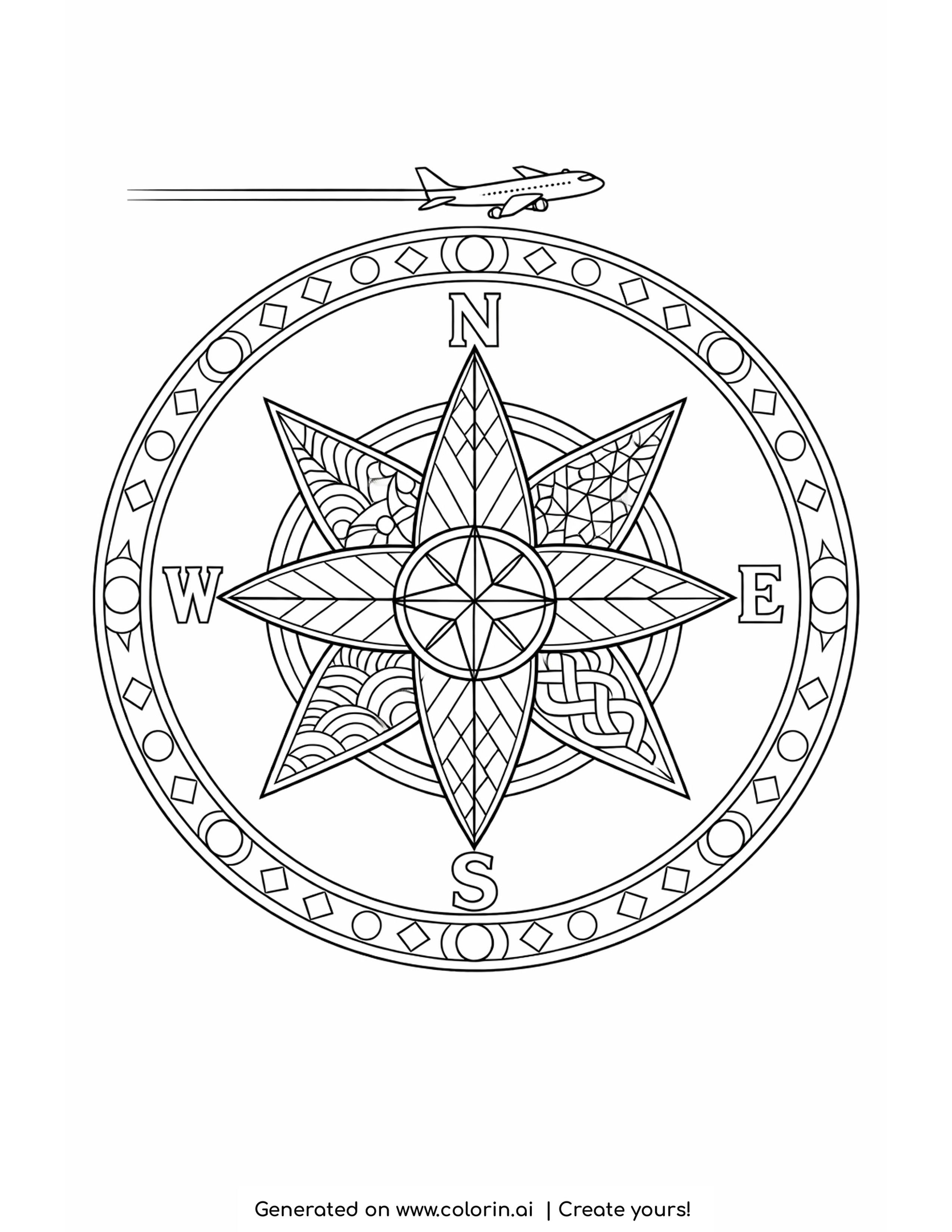 compass coloring pages — large compass rose with eight patterned points inside a decorated ring bezel