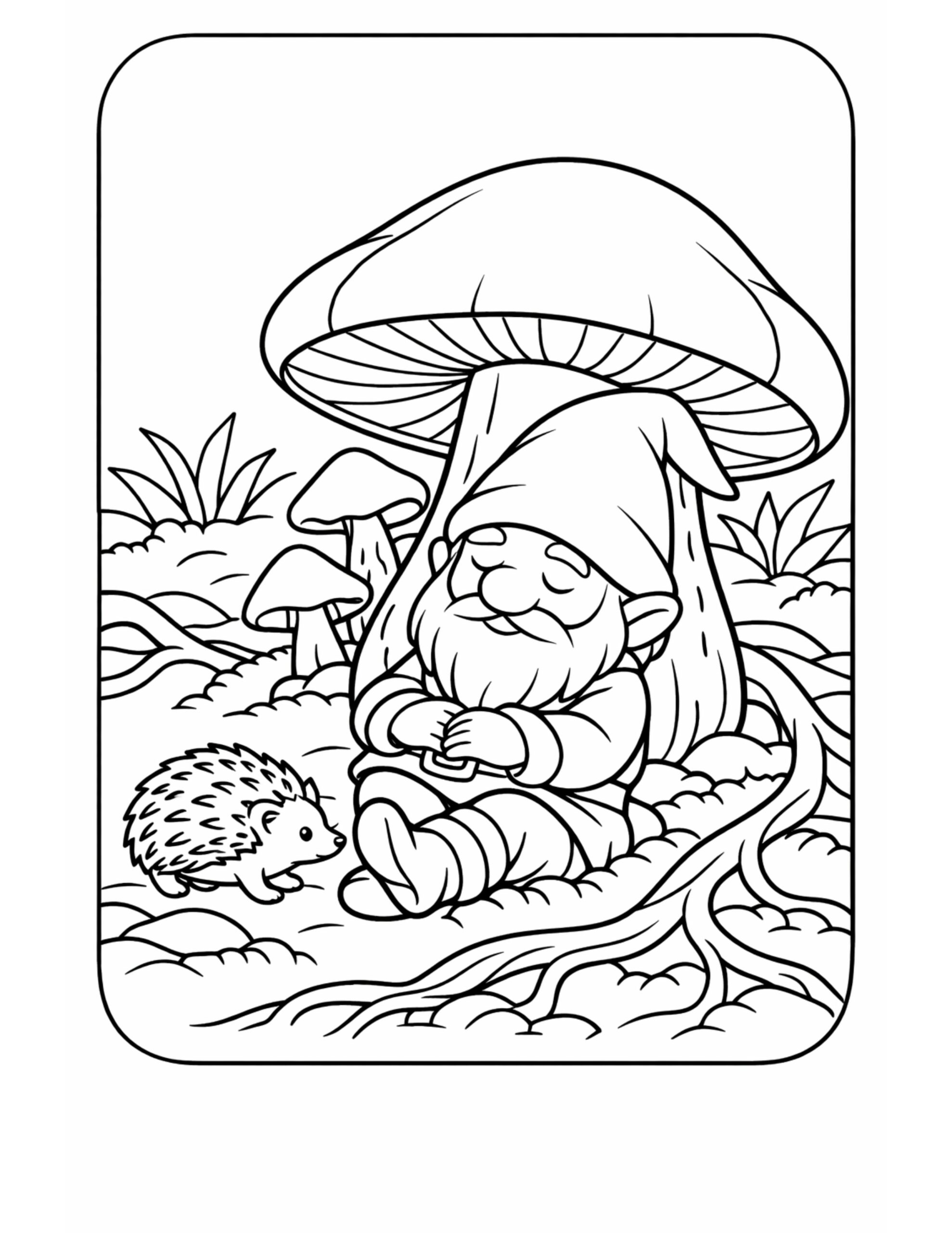 gnome resting under mushroom coloring page with a sleepy gnome, big mushroom cap, and a small hedgehog coloring page