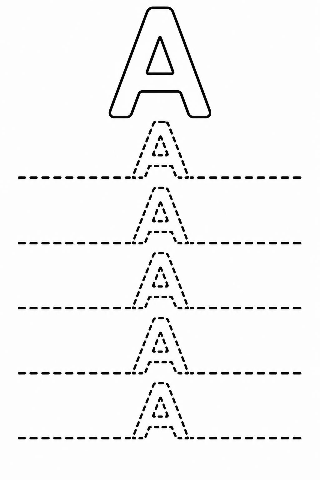 A letter tracing worksheet with one solid capital A at the top and five dotted copies below