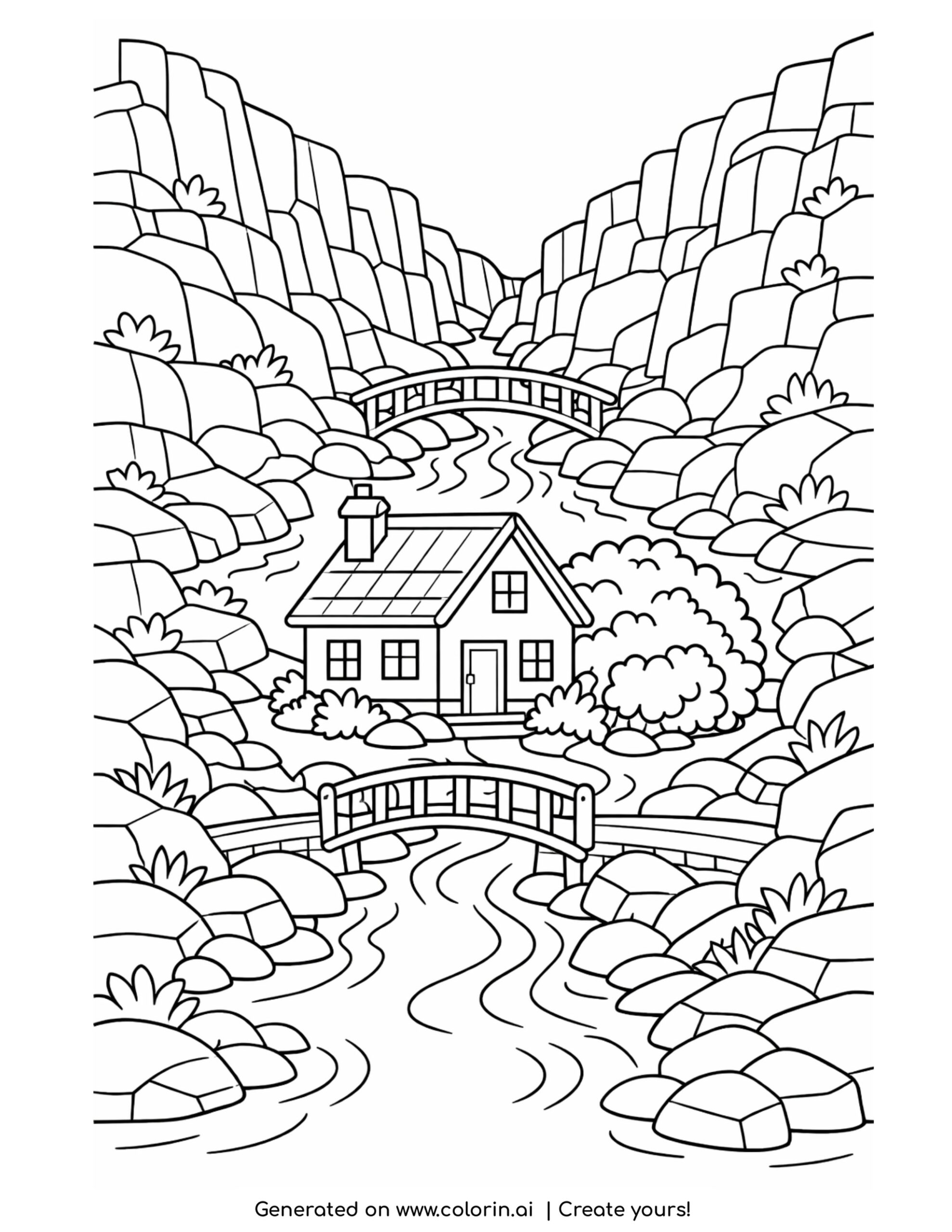 house in rocky canyon with river coloring page with bridges and rocks